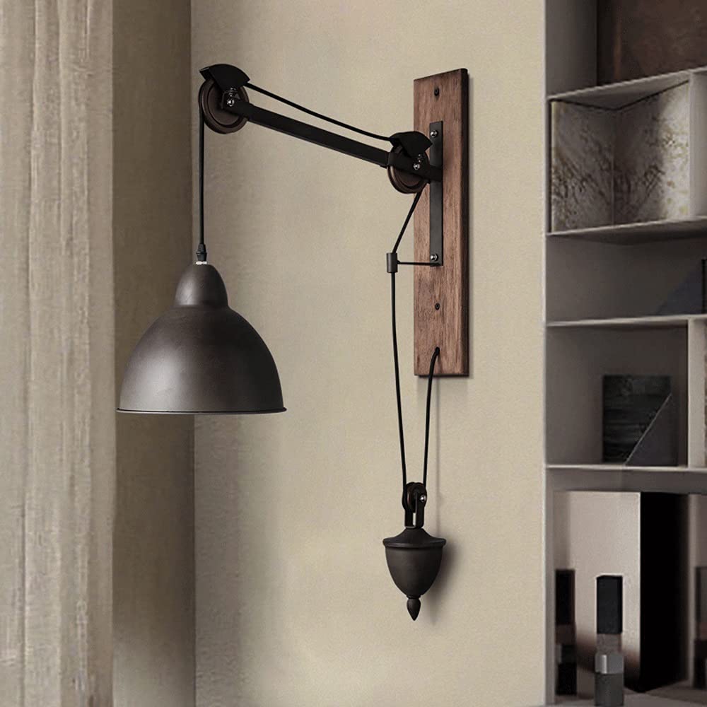 Vintage Industrial Wall Sconce - Adjustable Pulley Lift Wall Lamp with Iron Art Design for Bedroom, Loft, Bar & Reading Nook | Rustic American Farmhouse Lighting Fixture | Perfect for Bedside, Study & Creative Spaces