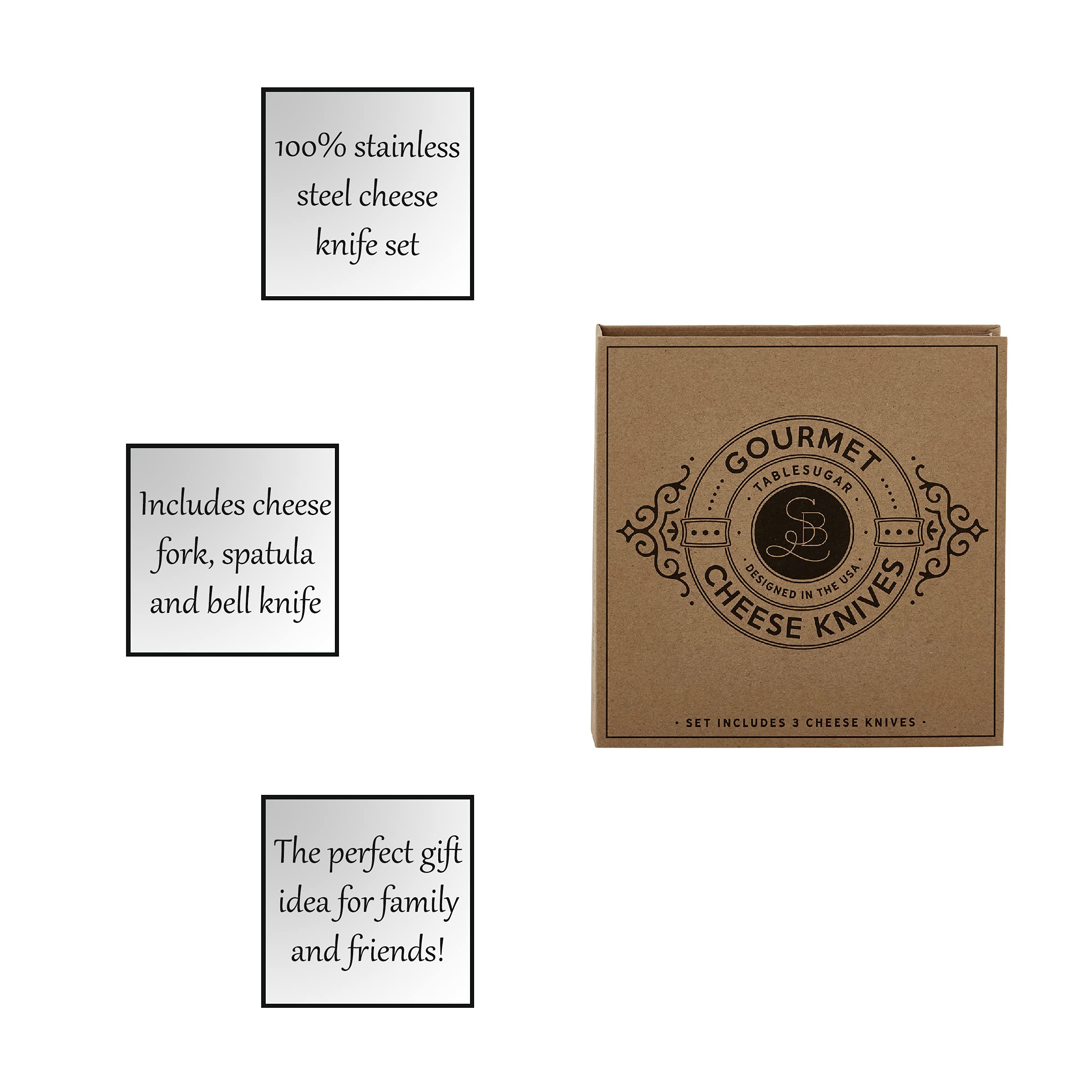 Santa Barbara Design Studio 3-Piece Gourmet Cheese Knife Set with Kraft Cardboard Gift Box - Perfect for Kitchen Essentials, Cheese Platters & Hostess Gifts