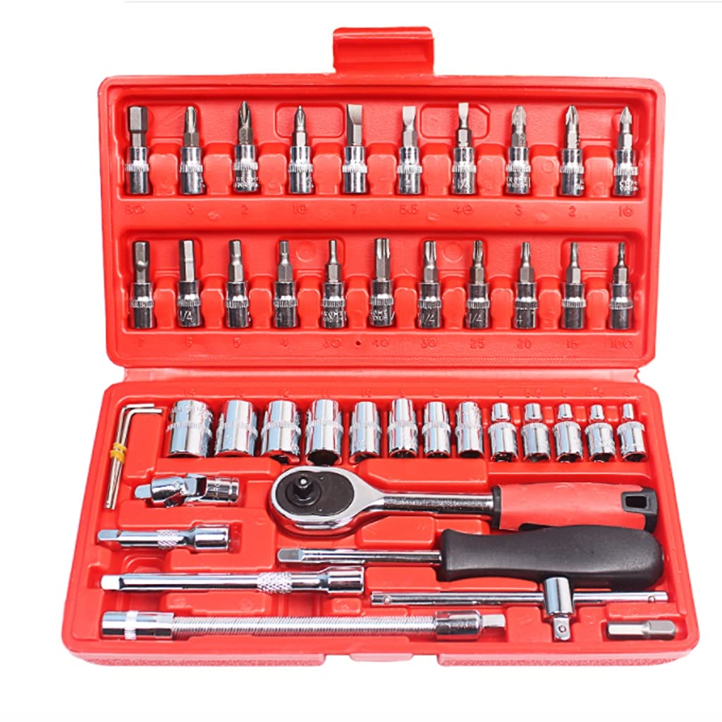46-Piece Car Repair Tool Set - Ratchet Wrench & Socket Kit for Auto, Motorcycle Maintenance - Perfect for DIY Mechanics & Professional Technicians - Use for Engine Repair, Tire Changes & Vehicle Maintenance