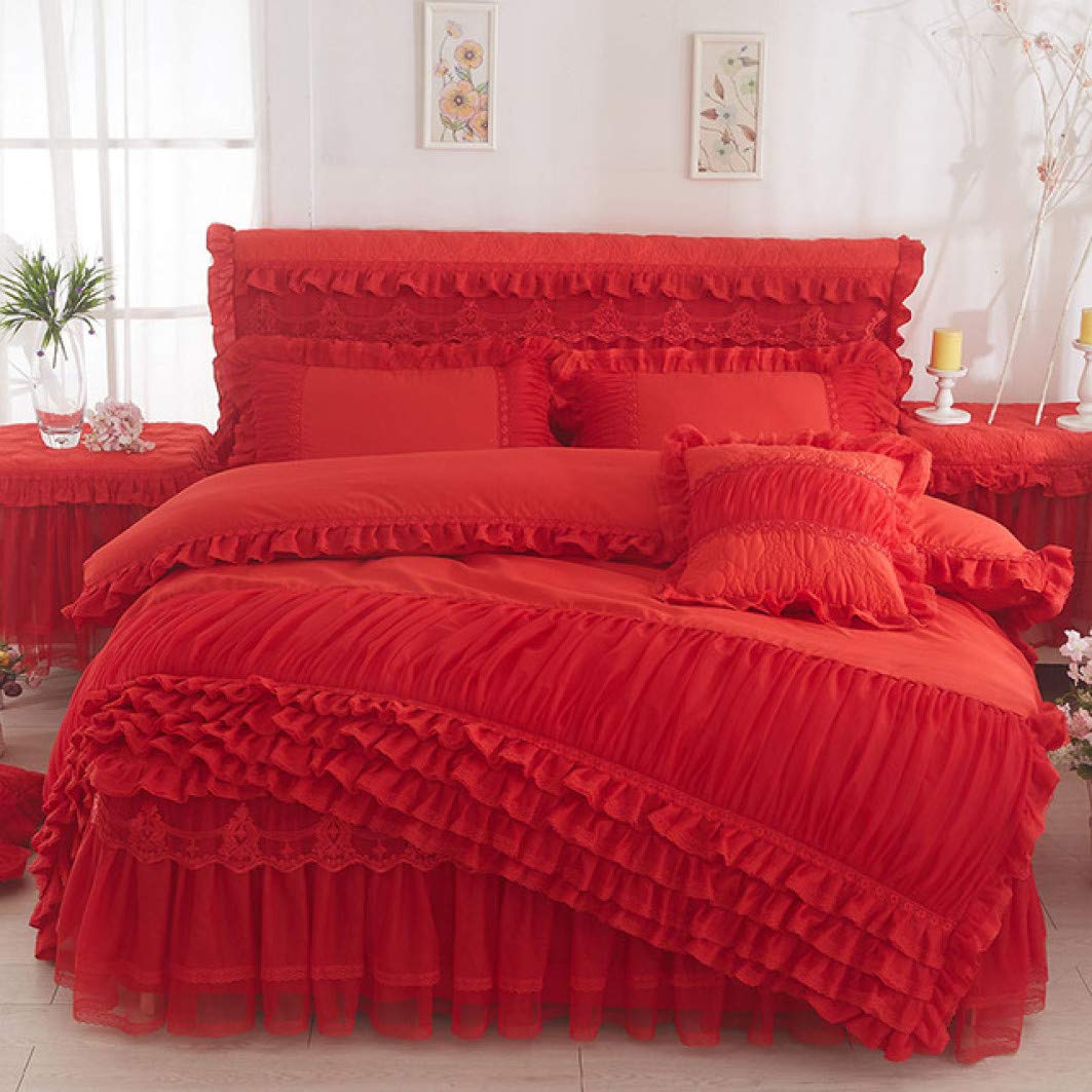 Princess Lace Bedding Set for Girls - Dreamy Red Ruffle Duvet Cover with Bedskirt | Twin, Full & Queen Size | Perfect for Kids Bedroom Decor & Sleepover Parties