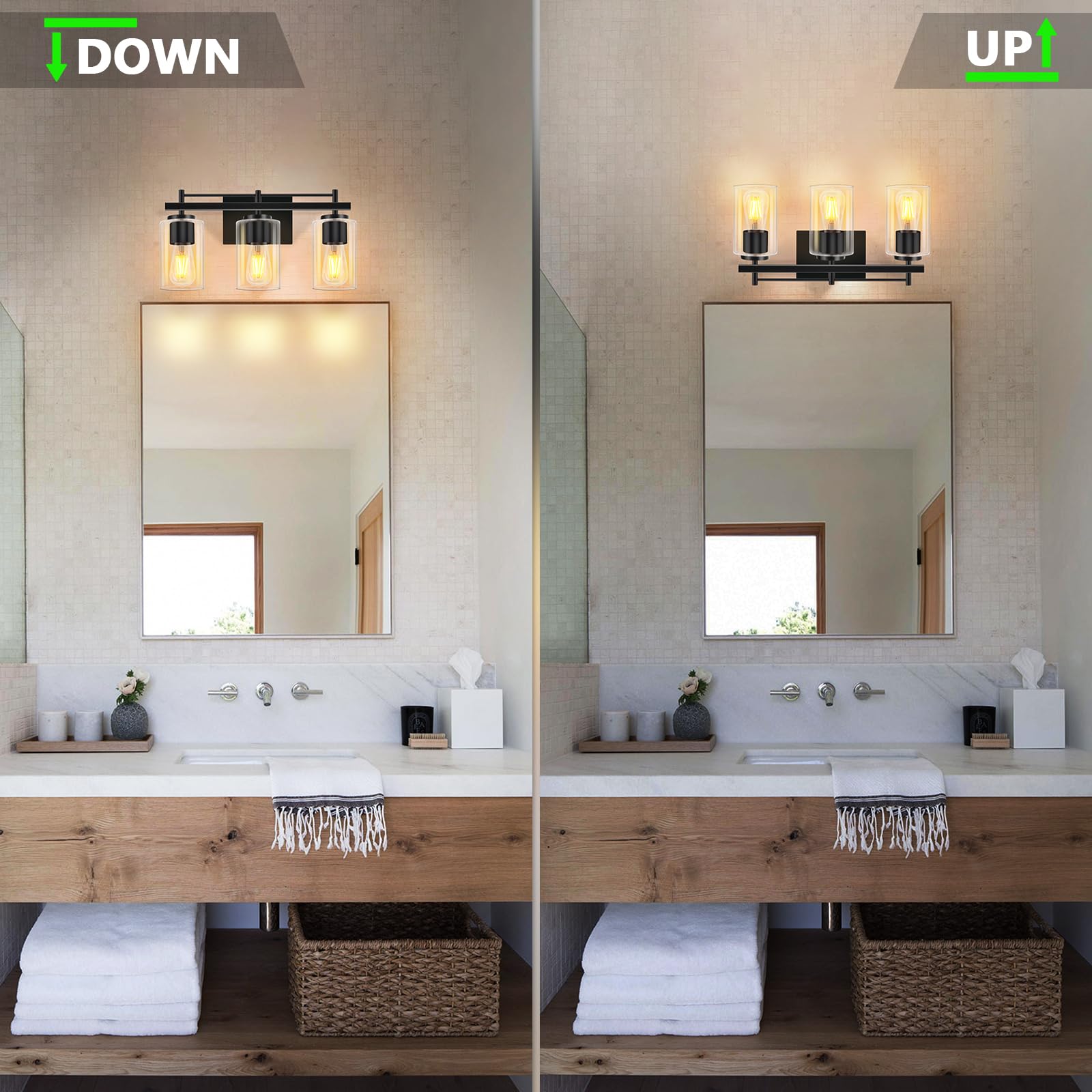 Modern Black 3-Light Bathroom Vanity Wall Sconce with Clear Glass Shade - Matte Finish Wall Mounted Lighting Fixture for Mirror, Bedroom, Hallway & Bathroom Decor