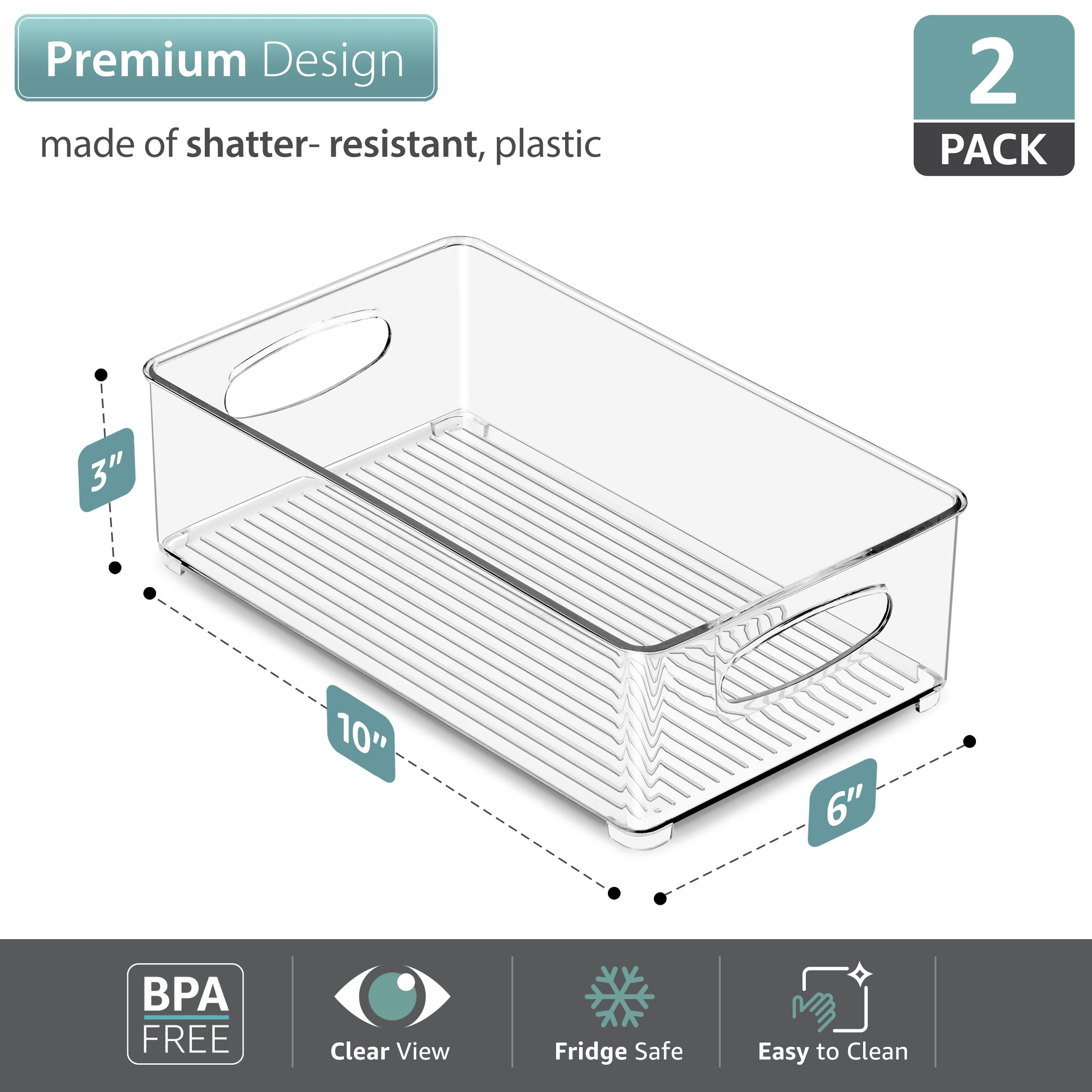 Sorbus Stackable Refrigerator Organizer Bins - Clear Plastic Storage Containers for Kitchen Pantry, Freezer & Fridge Organization - Food Storage Bins with Handles for Countertops & Drawers (2 Pack) - Perfect for Meal Prep, Leftovers & Small Appliance Storage