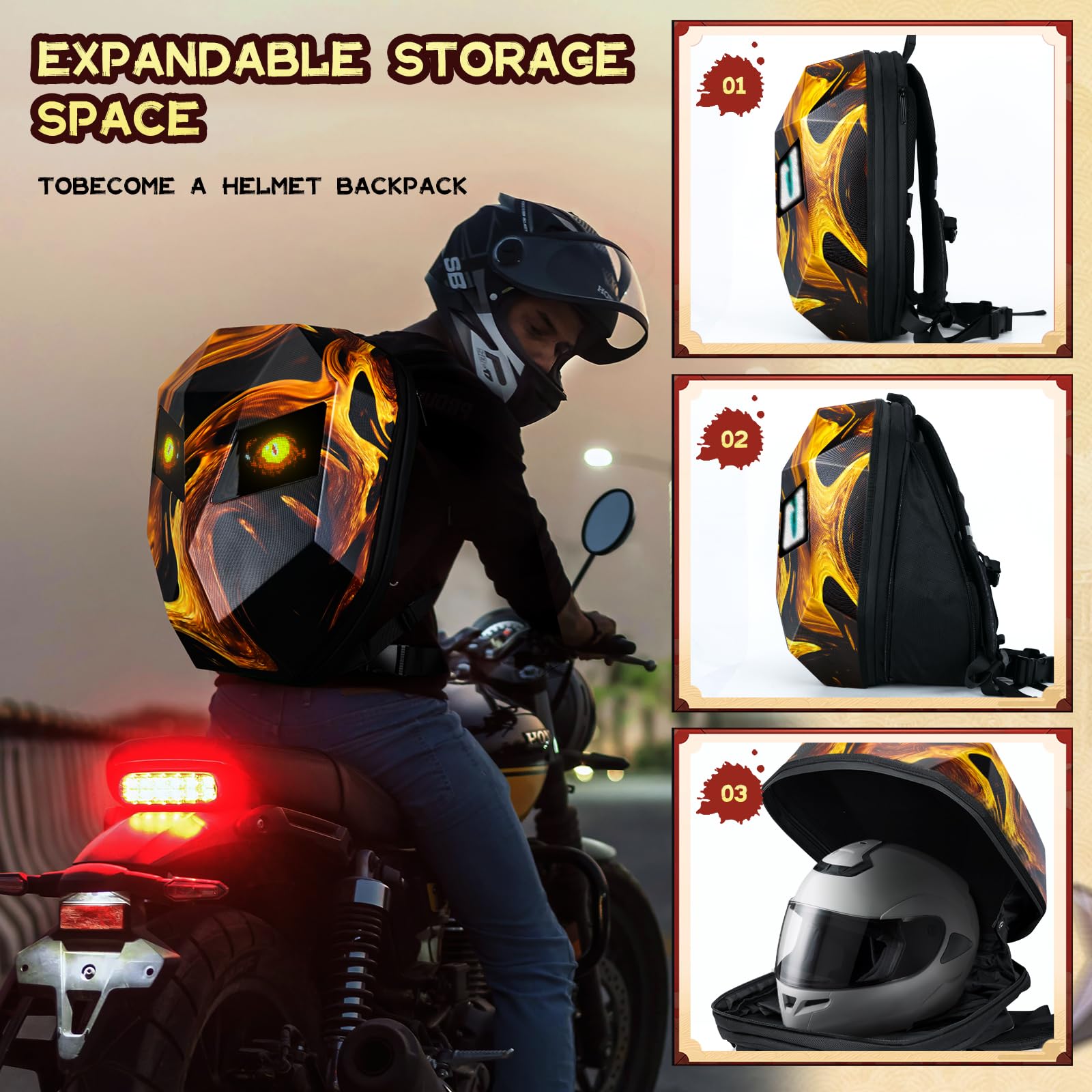 Gelrova Motorcycle Backpack for Men - LED Backpack with Programmable Screen, Hard Shell Waterproof Helmet Bag & Large Capacity Laptop Backpack (19inch) - Flaming Knight Design - Perfect for Commuting, Travel & Outdoor Adventures