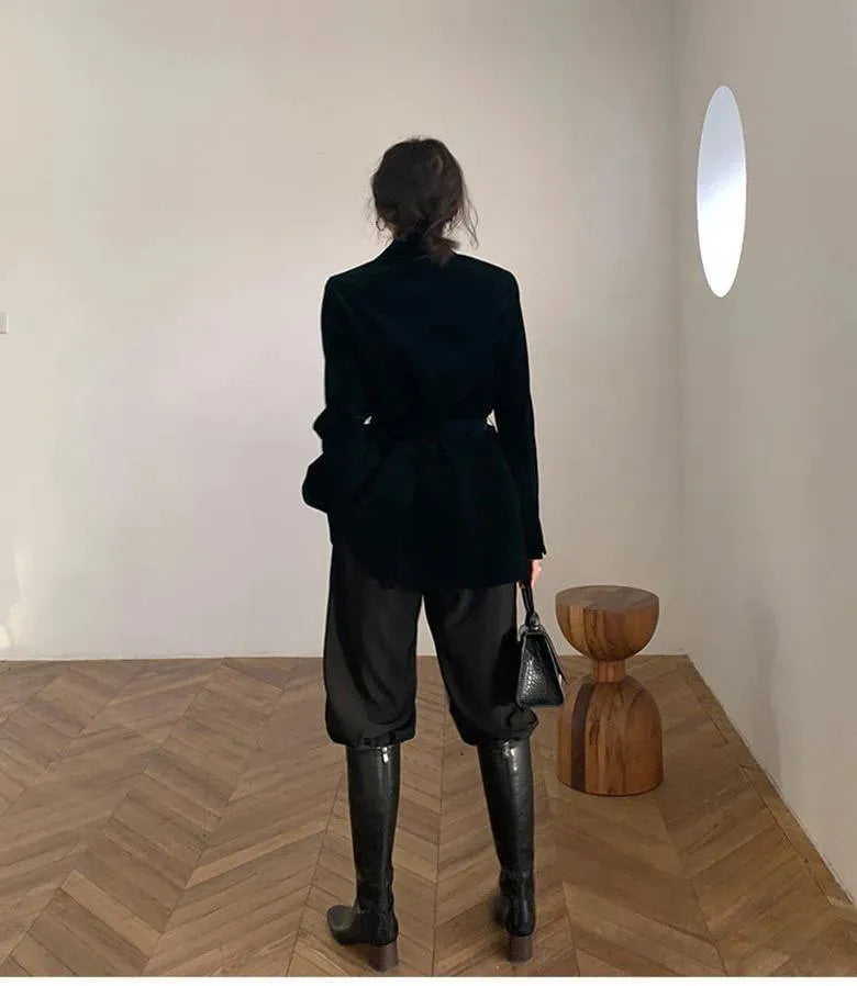 Stylish Lustrous Velvet Belted Oversized Blazer for Women - Elegant Plain Solid Casual Jacket - Perfect for Office Wear, Date Nights & Special Occasions