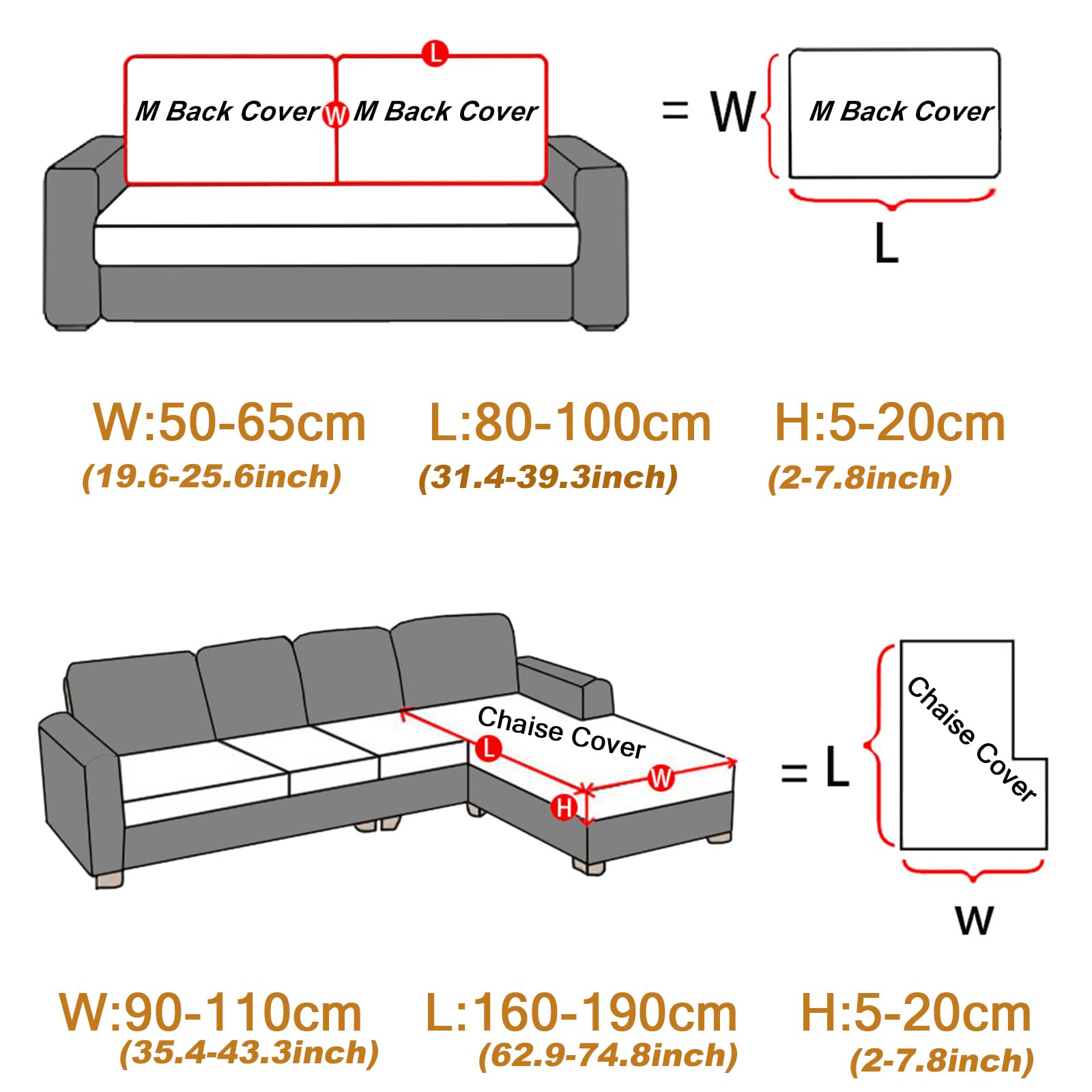 Elastic L-Shaped Sectional Sofa Slipcover with Chaise Lounge Cover - Couch Cushion Protector for Living Room Furniture (62-74 Inch Length, 35-43 Inch Width, Grey & White) - Perfect for Pet Owners & Family Gatherings