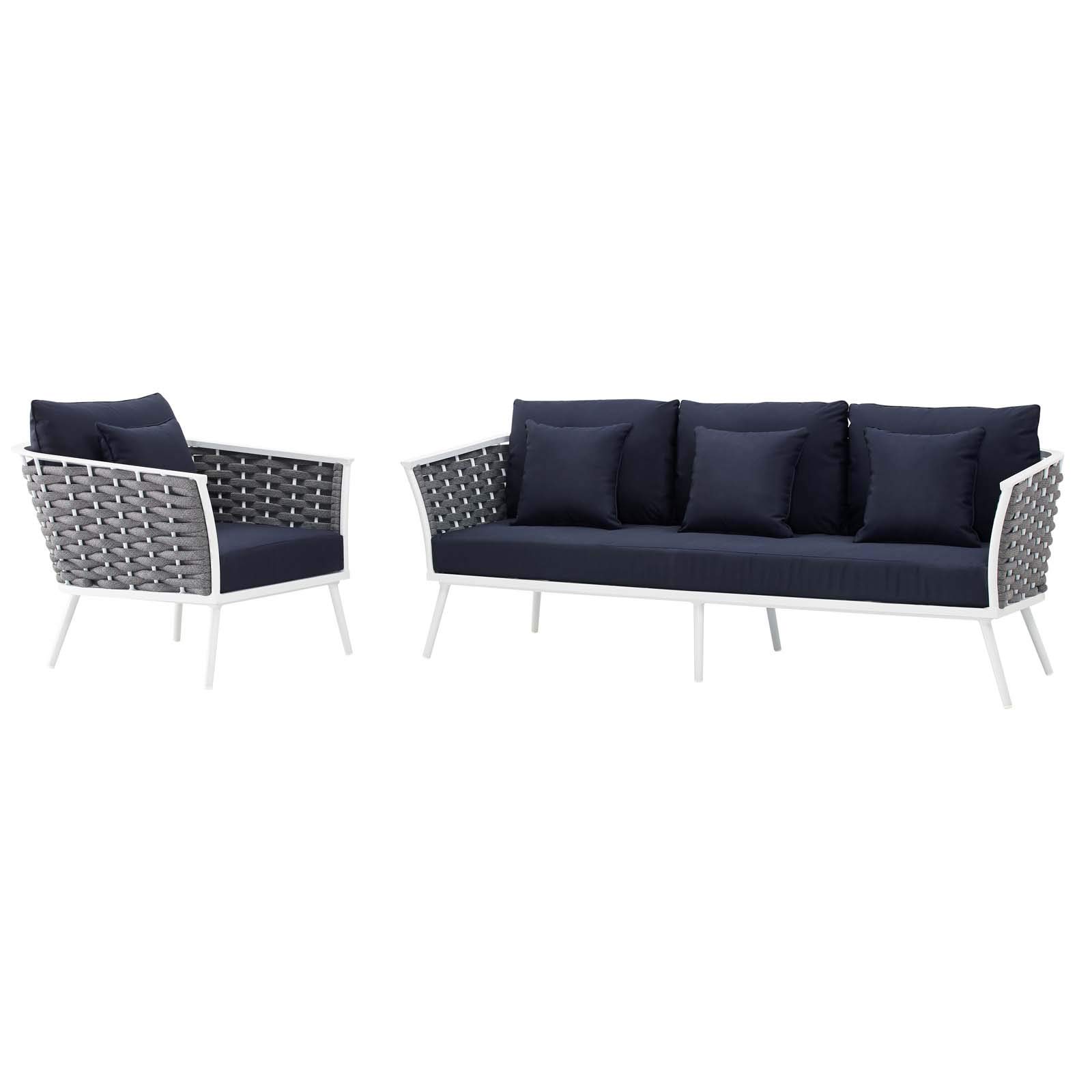 Modern Outdoor Patio Furniture Set - Aluminum Lounge Chair & Sofa with Navy Fabric Cushions - Perfect for Balcony, Garden, or Poolside Relaxation