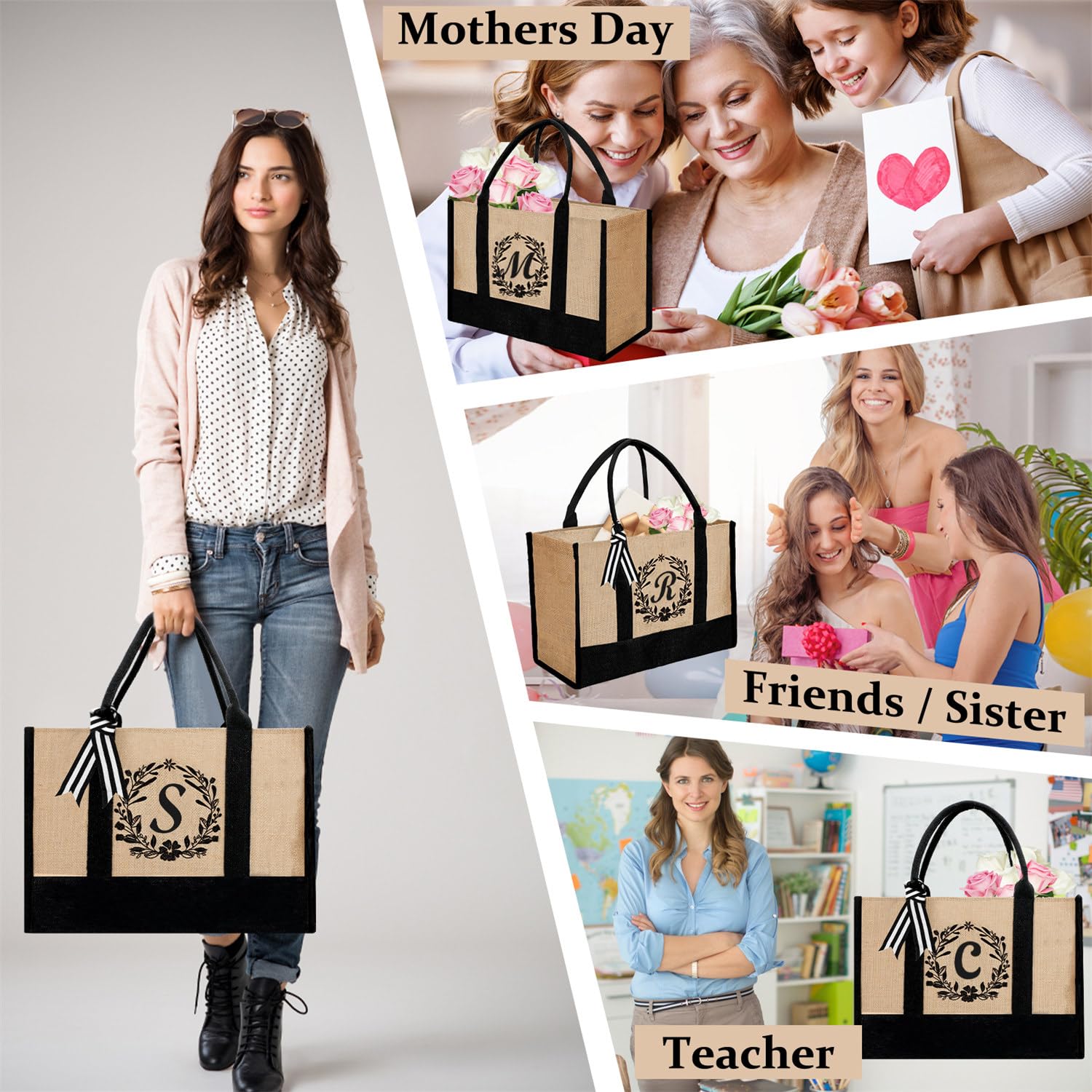 Personalized Monogram Jute Tote Bag for Women - Eco-Friendly Reusable Grocery Shopping Bag - Perfect Gift for Mom, Mother's Day, Christmas, Birthday & Friends - Ideal for Farmers Market, Beach, Work & Daily Errands