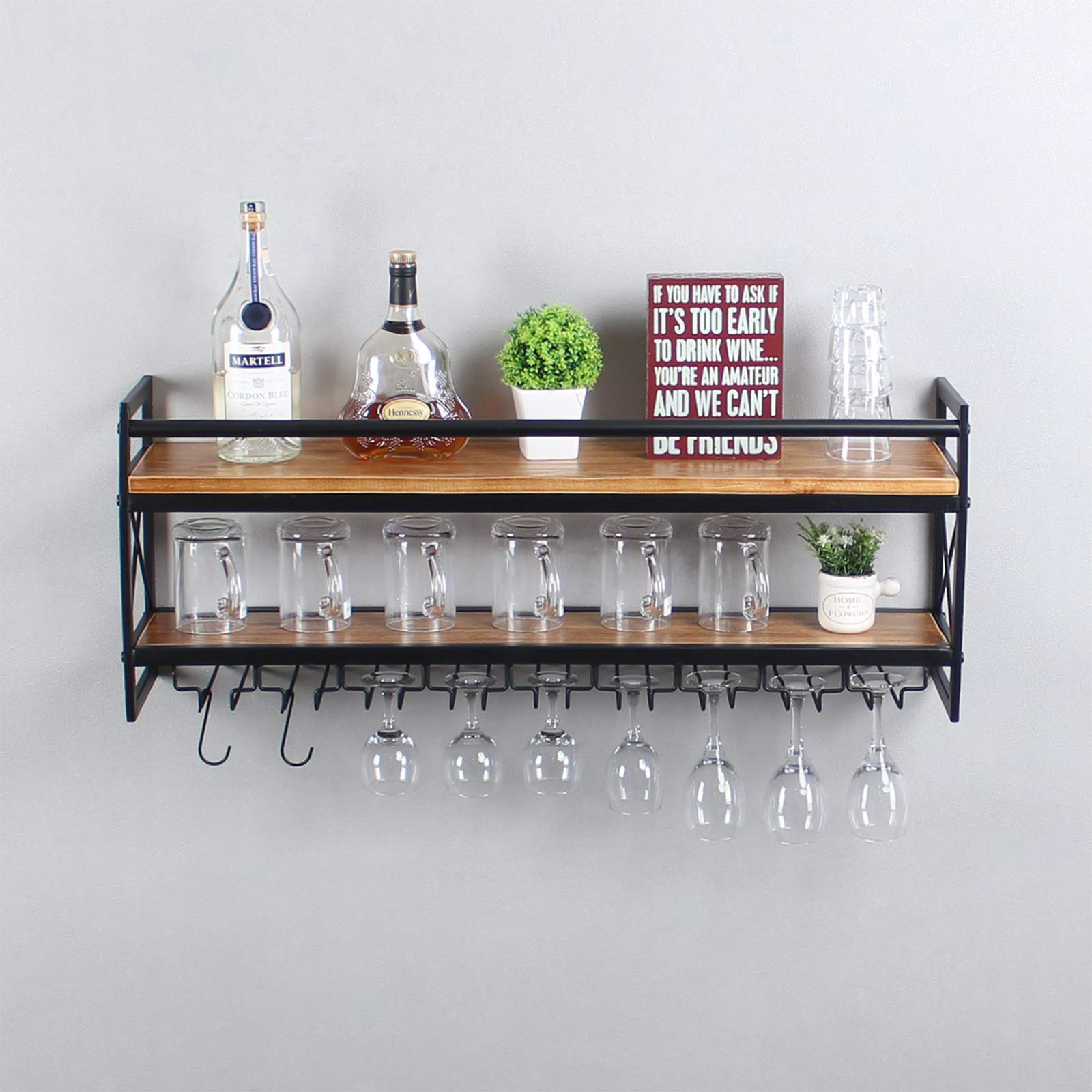 Industrial 2-Tier Wood Wine Rack Wall Mounted - 36