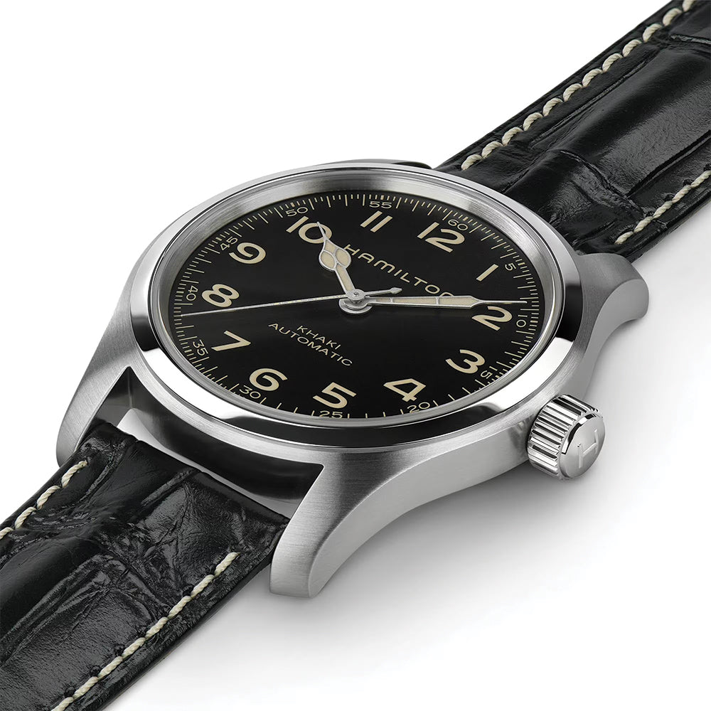 Hamilton Khaki Field Murph 42mm Automatic Men's Watch - Black Dial with Genuine Leather Strap - Military Inspired Timepiece for Outdoor, Casual & Office Wear - Standard Packaging Included