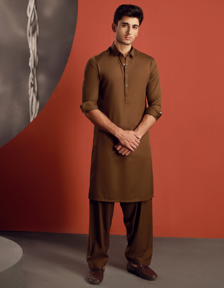 Elegant Blended Brown Shalwar Kameez by J. Junaid Jamshed - Traditional Pakistani Dress for Weddings, Festivals & Special Occasions