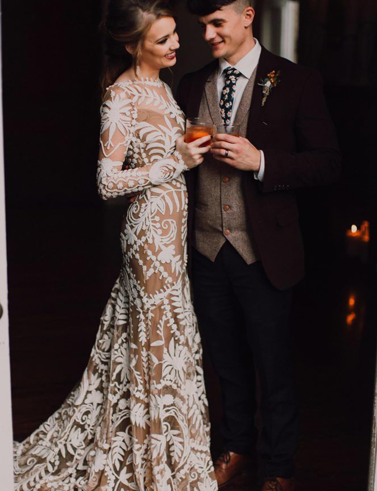 Elegant Western Wedding Dress with Train - 2 Piece Long Sleeve Floral Lace Sheath Bridal Gown for Country Bride | Perfect for Rustic, Boho, and Outdoor Weddings