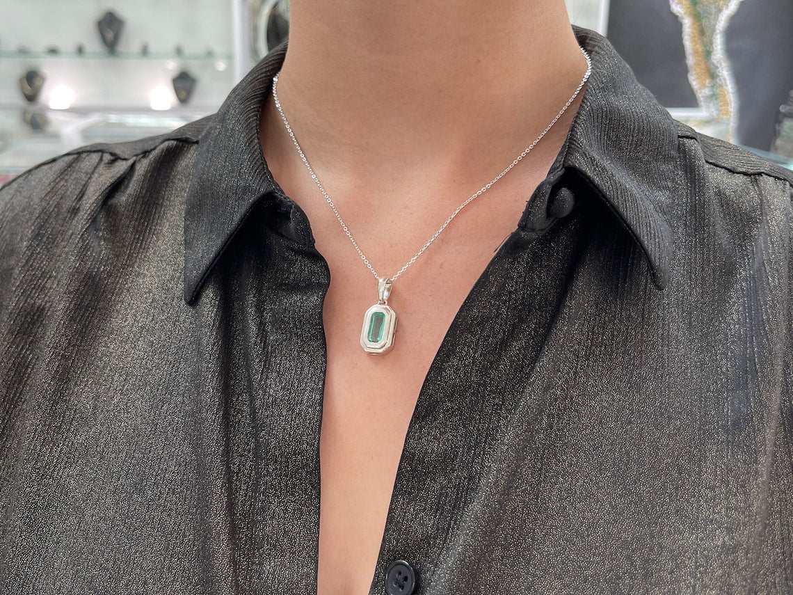 1.40ct Colombian Emerald Elongated Cut Solitaire Pendant in .925 Sterling Silver Bezel Setting - Unisex Jewelry for Men & Women - Perfect for Gifts, Anniversaries and Special Occasions