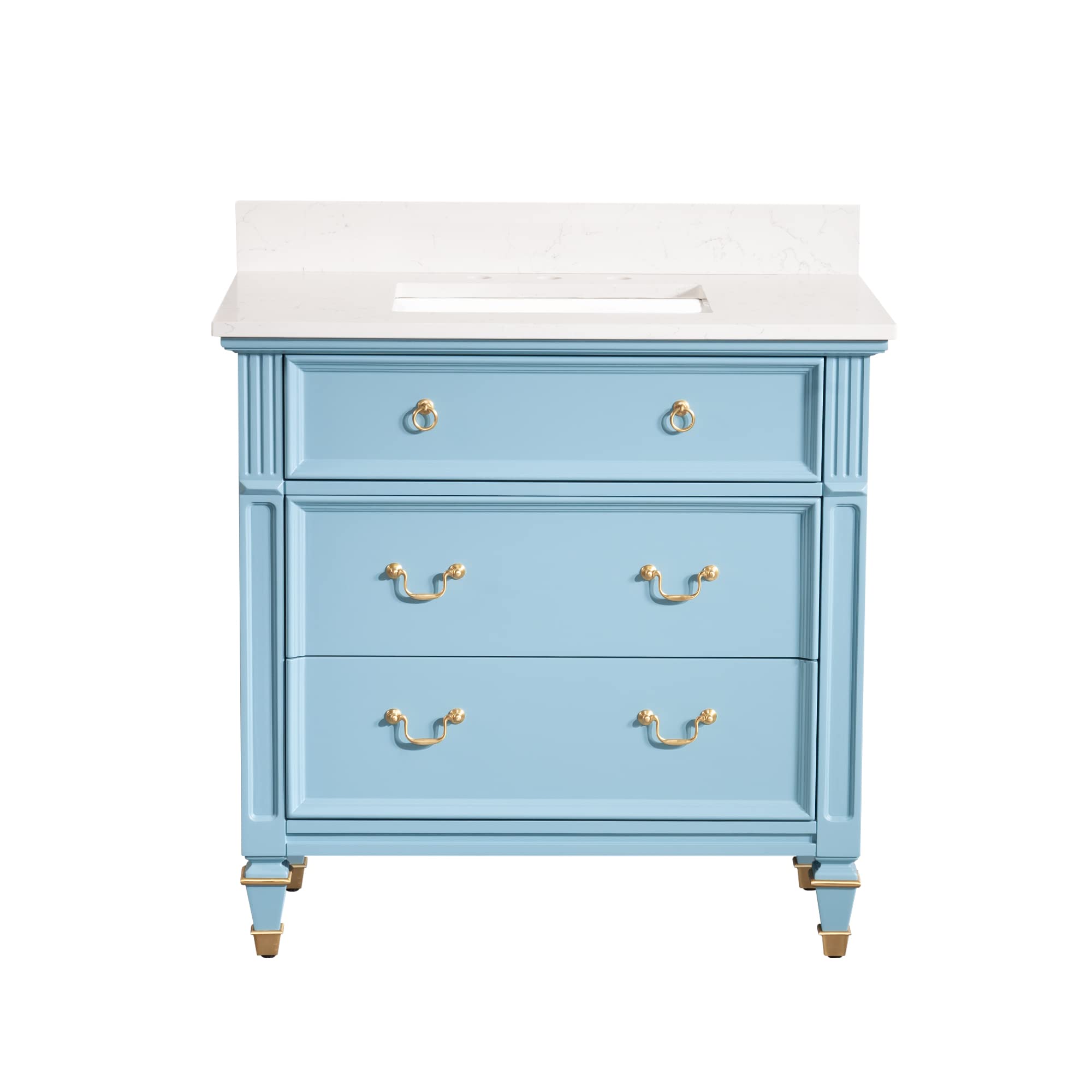 WELLFOR 36 Inch Freestanding Bathroom Vanity with Sink - No Assembly Required Wood Makeup Cabinet with 3 Drawers, Storage Organizer & Marble Countertop - Classic Blue | Perfect for Small Bathrooms, Powder Rooms & Master Bath Remodels