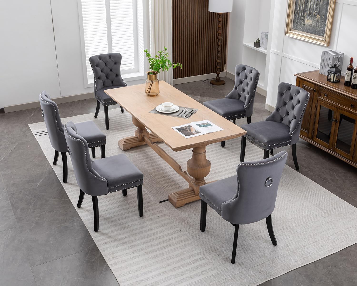 Luxury Velvet Dining Chairs Set of 6 - Modern Upholstered Tufted Kitchen Chairs with Nailhead Trim & Solid Wood Legs, Nikki Collection (Grey) - Perfect for Dining Room, Kitchen, Restaurant or Home Decor
