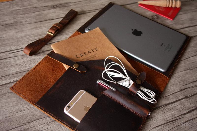 Personalized iPad Leather Portfolio Case - Dark Brown - Premium Gift for Business & Travel - Perfect for Work, Meetings & Daily Commute