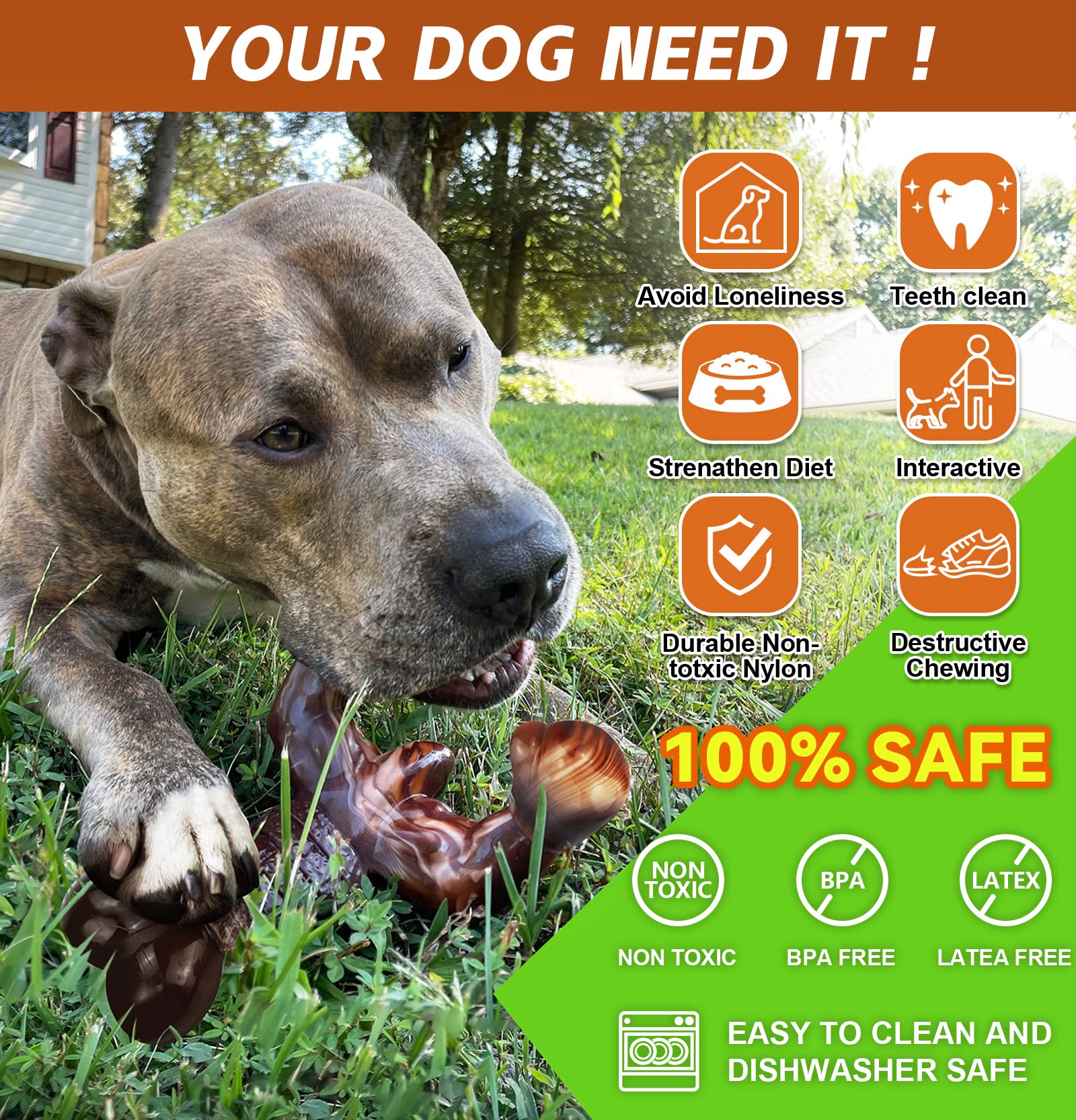 Indestructible Dog Chew Toys for Aggressive Chewers - Durable Bacon-Flavored Dog Bone Toys for Medium & Large Breed Dogs - Best Long-Lasting Chewing Toy to Keep Pets Busy - Perfect for Crate Training, Anxiety Relief & Dental Health