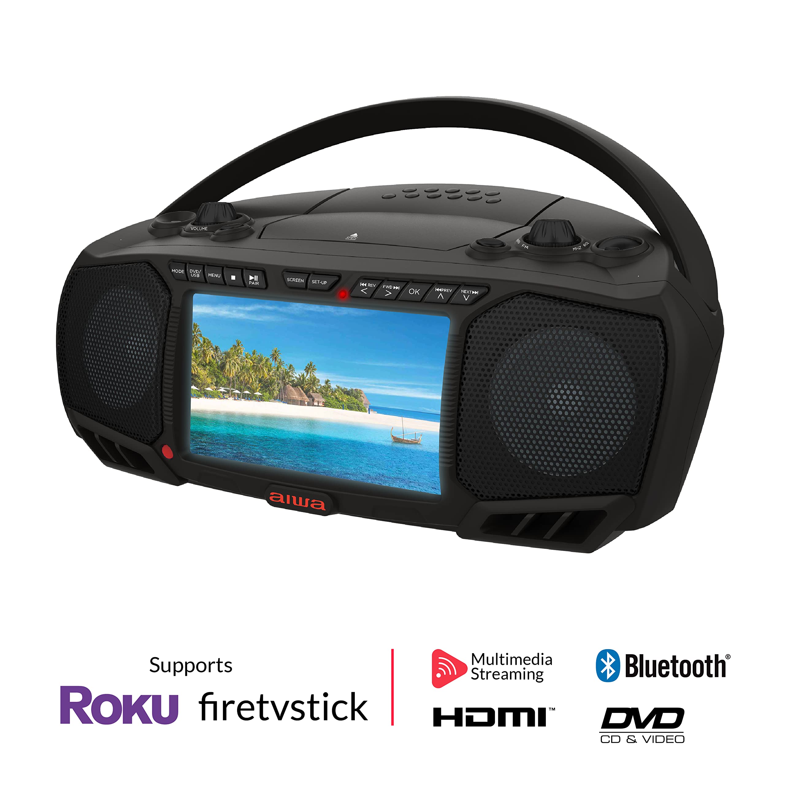 Aiwa Portable Boombox Bluetooth Speaker - 3W x 2 Stereo Sound with Bass Boost, 7