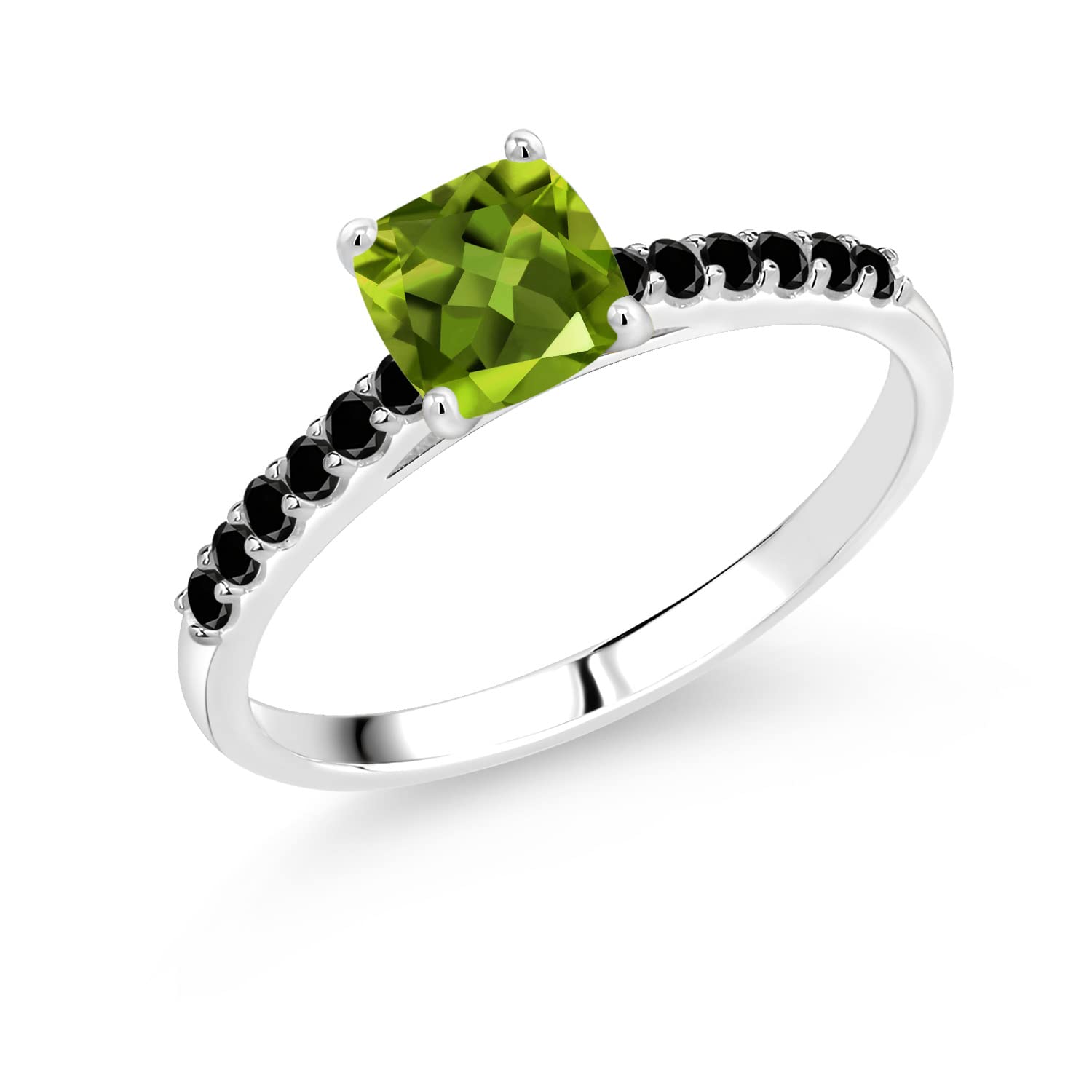 1.05 Ct Cushion Cut Green Peridot & Black Diamond Ring in 10K White Gold | Gem Stone King | Elegant Jewelry for Engagement, Wedding & Special Occasions