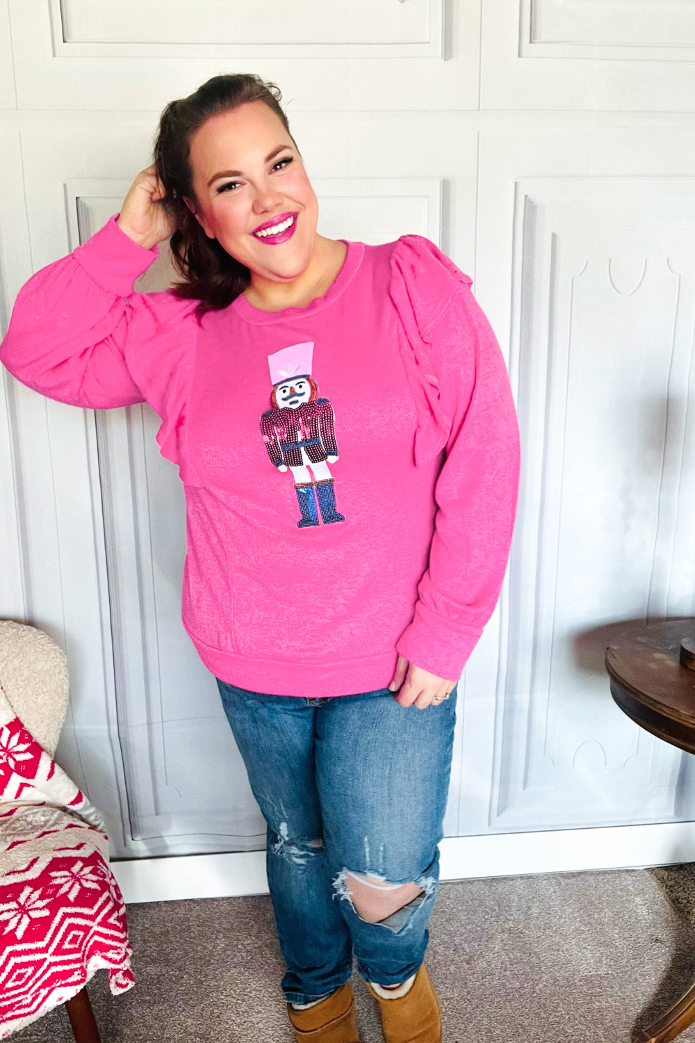 Festive Hot Pink Sequin Nutcracker Christmas Sweater with Ruffle Hacci Knit - Perfect for Holiday Parties, Ugly Sweater Contests & Winter Gatherings