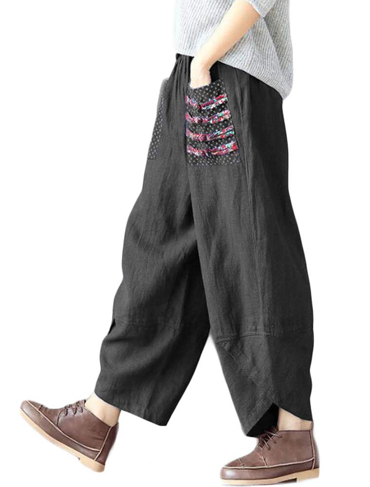 FTCayanz Women's Linen Wide Leg Pants - High Waisted Elastic Waistband Baggy Tapered Cropped Trousers for Summer Casual Wear, Office, and Travel