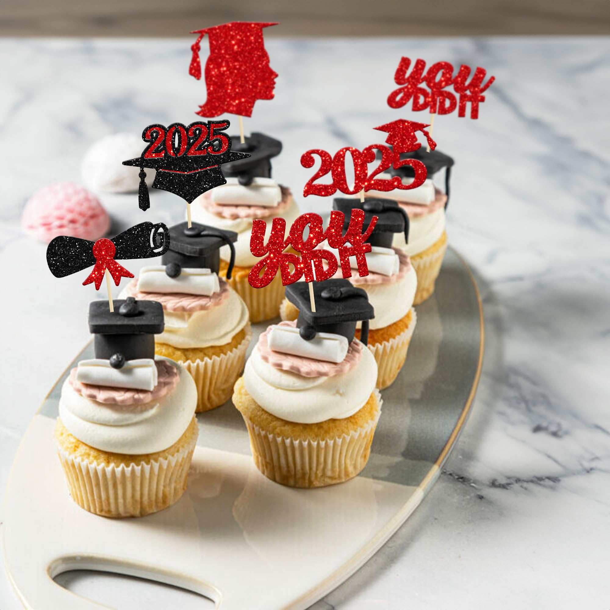 30Pcs Red Glitter Graduation Cupcake Toppers - Class of 2025 Diploma Cap Cake Decorations for Women & Girls | Perfect for 2025 Graduation Theme Party, Birthday Celebrations & School Events