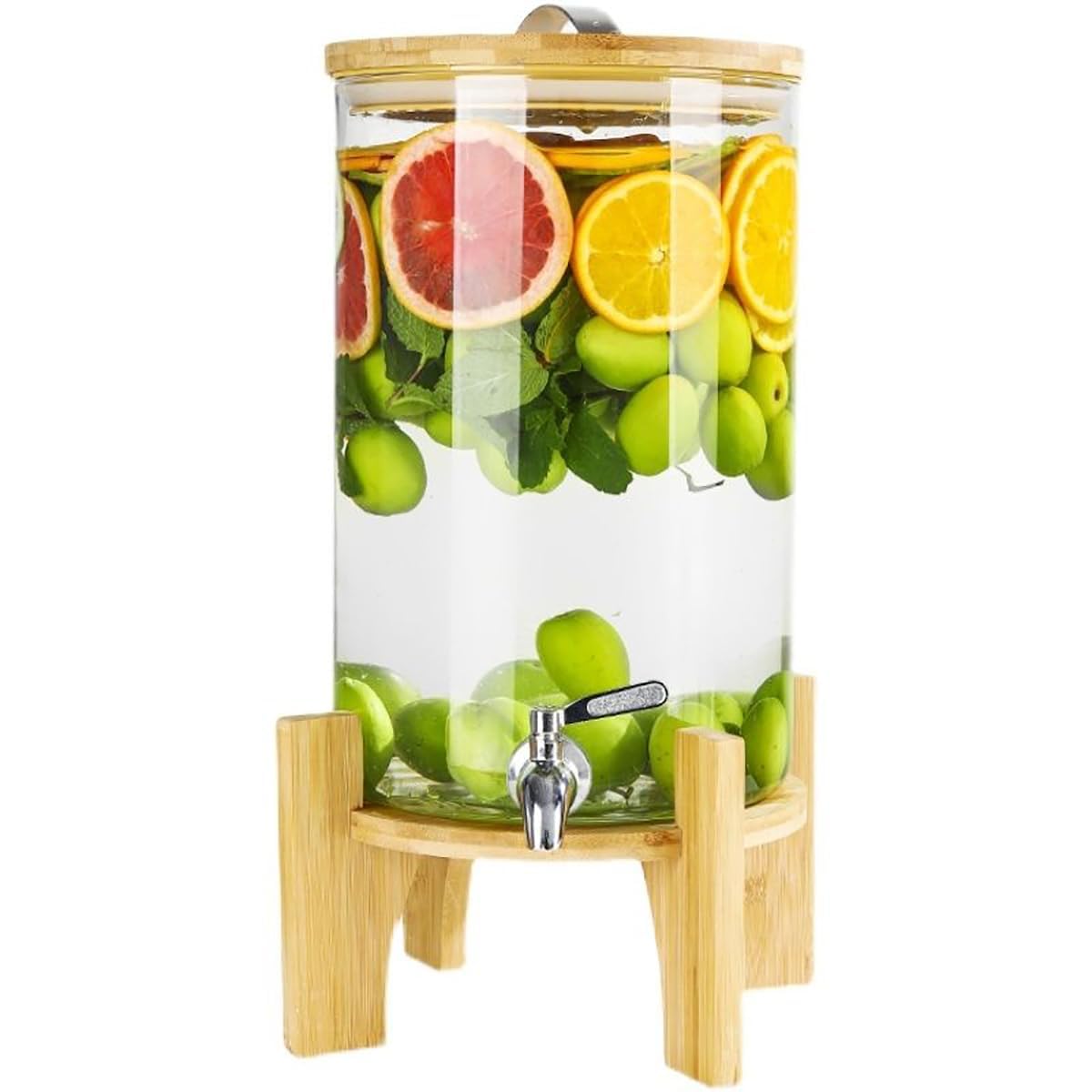 Stainless Steel Spout Glass Beverage Dispenser 5L/8L/10L - Leak-Proof Drink Dispenser with Wooden Stand, Wide Mouth for Easy Filling - Perfect for Parties, BBQs, and Outdoor Events