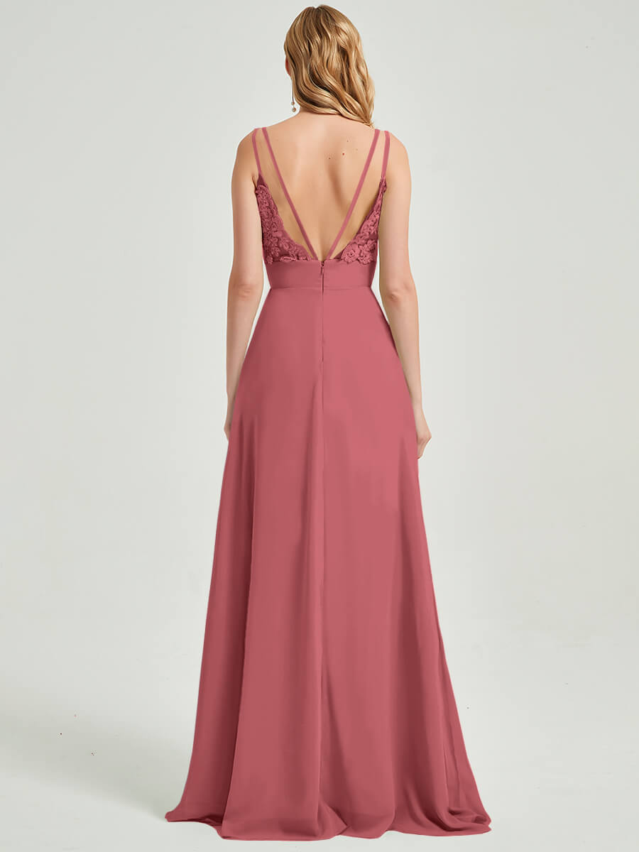 Elegant Desert Rose Spaghetti Strap Slit Maxi Lace Chiffon Bridesmaid Dress - Perfect for Weddings, Prom, Formal Events & Special Occasions