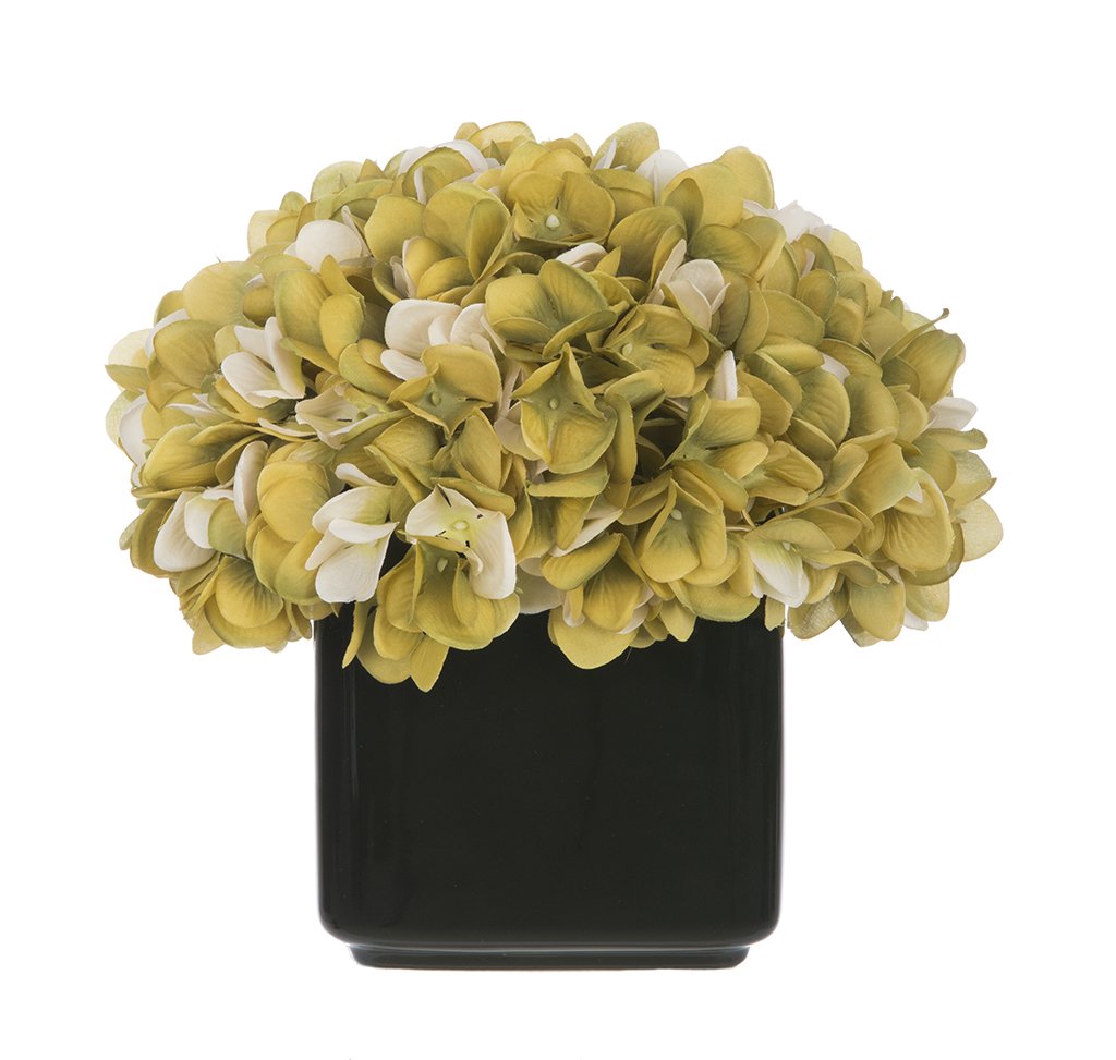 Artificial Hydrangea Flowers in Small Black Cube Ceramic Vase - Sage Green & Cream White Home Decor for Living Room, Bedroom, and Office