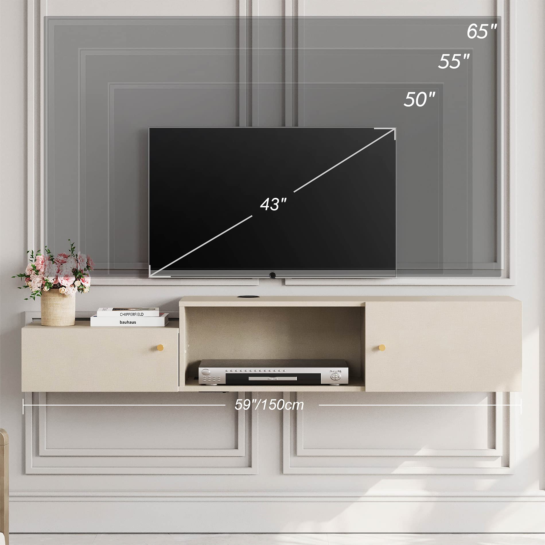 FITUEYES 59-Inch Floating TV Stand with Built-in Charging Station, Wall Mounted Entertainment Center with Storage - Modern Hanging Shelf for Living Room, Bedroom & Home Theater Setup