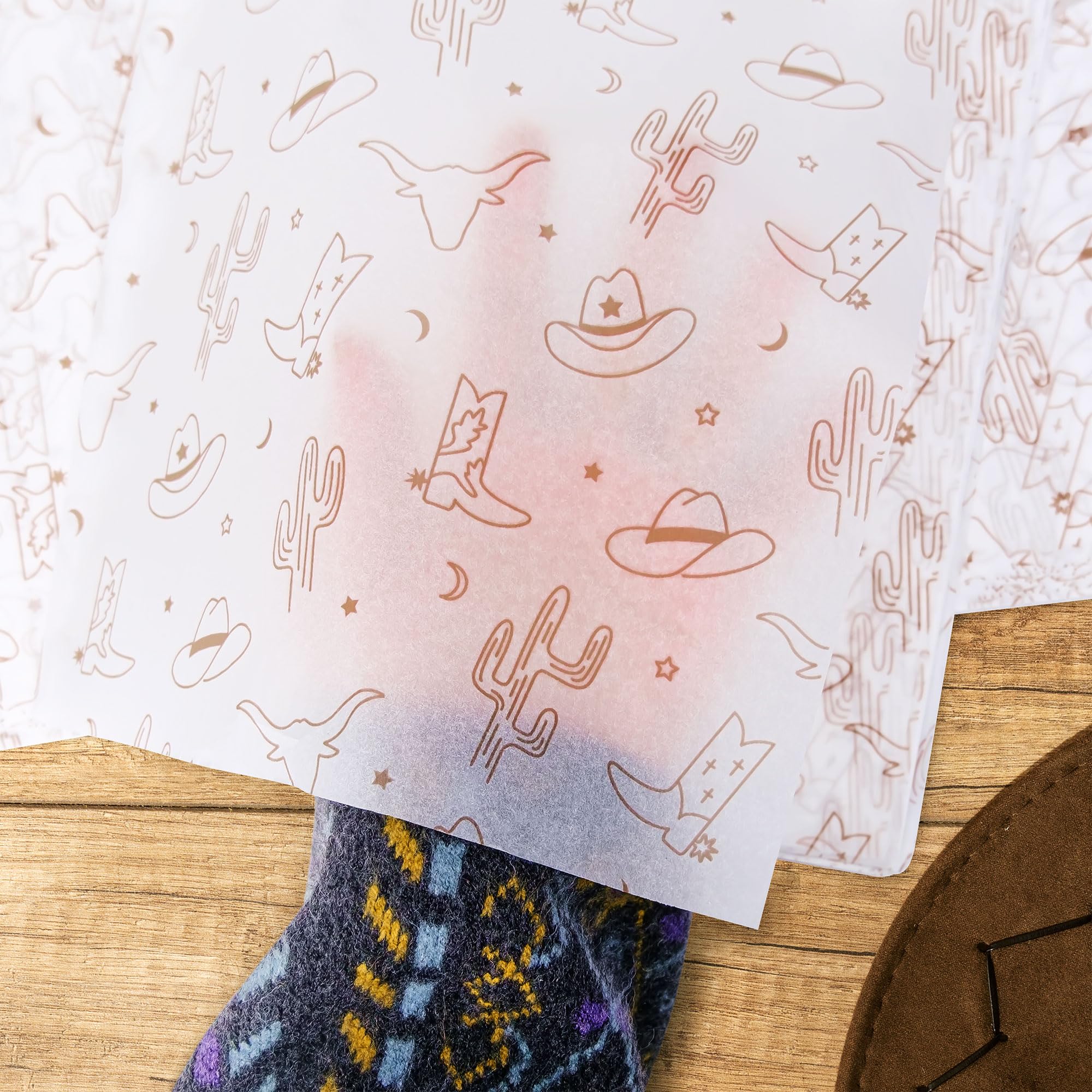 Hi Sasara 60 Sheets Western Cowboy Cowgirl Tissue Paper Bulk - 14 x 20 Inch Brown Cowboy Hat & Boots Design - Gift Wrapping, Party Decorations, Birthday Favors, Scrapbooking Supplies (Brown)