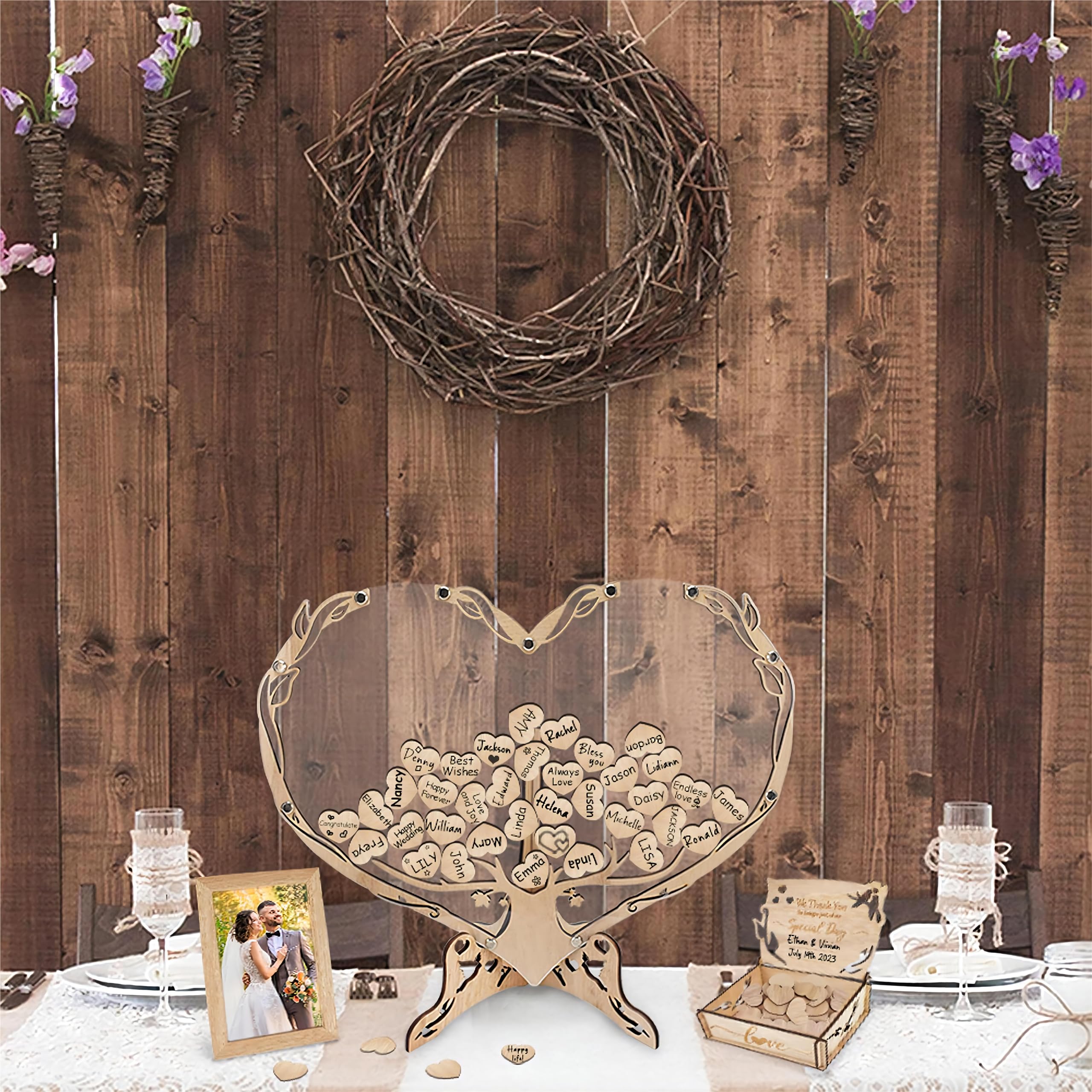 Rustic Wooden Tree of Life Wedding Guest Book Alternative - Heart Shaped Drop Box with Picture Frame for Wedding Decorations & Gifts | Perfect for Wedding Guest Signatures, Valentine's Day Presents & Rustic-Themed Weddings