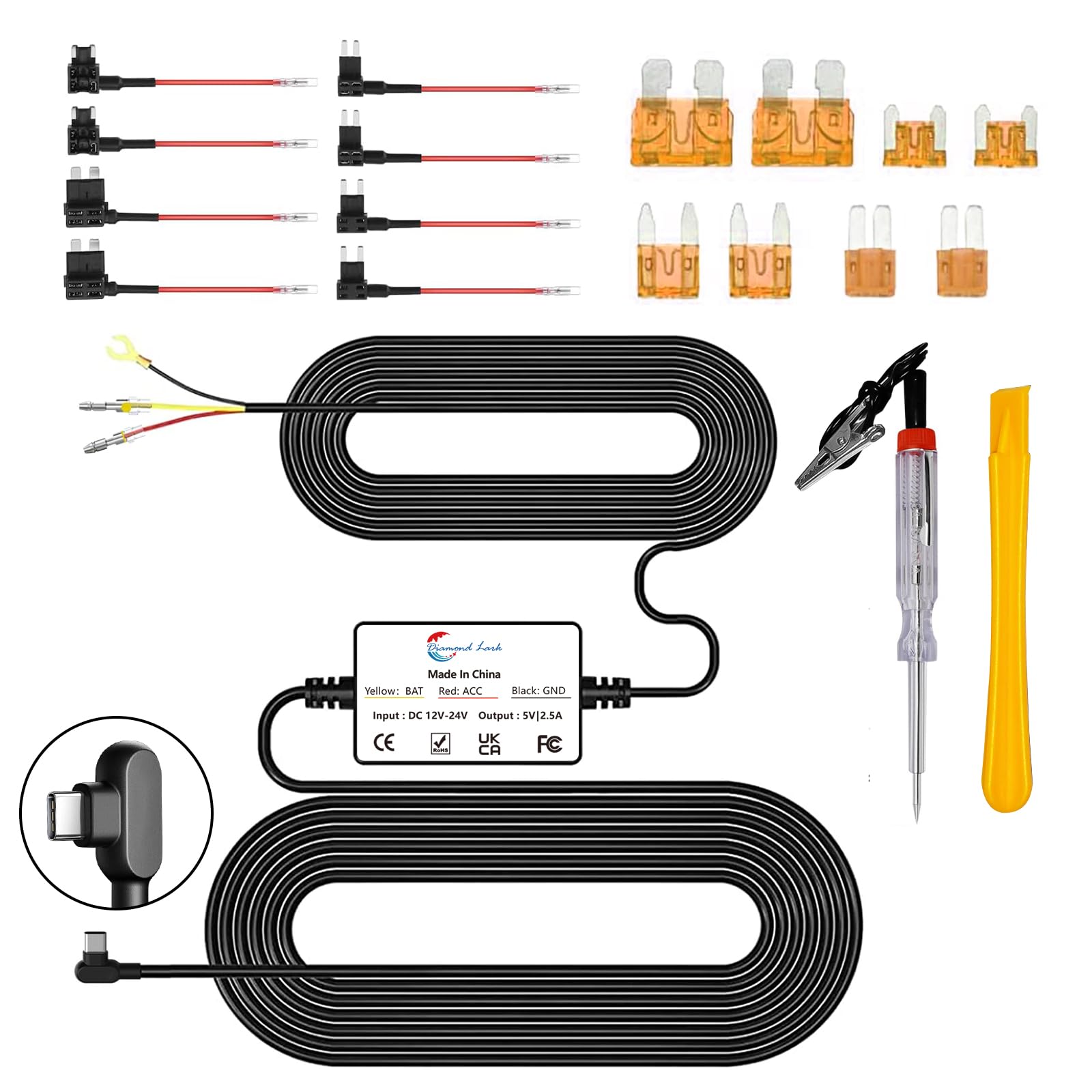 Diamond Lark Dash Cam Hardwire Kit - 12V-24V to 5V USB-C Converter for Car Dash Camera with 24-Hour Parking Mode (14.7FT Cable) | Perfect for Continuous Vehicle Surveillance & Night Security Monitoring