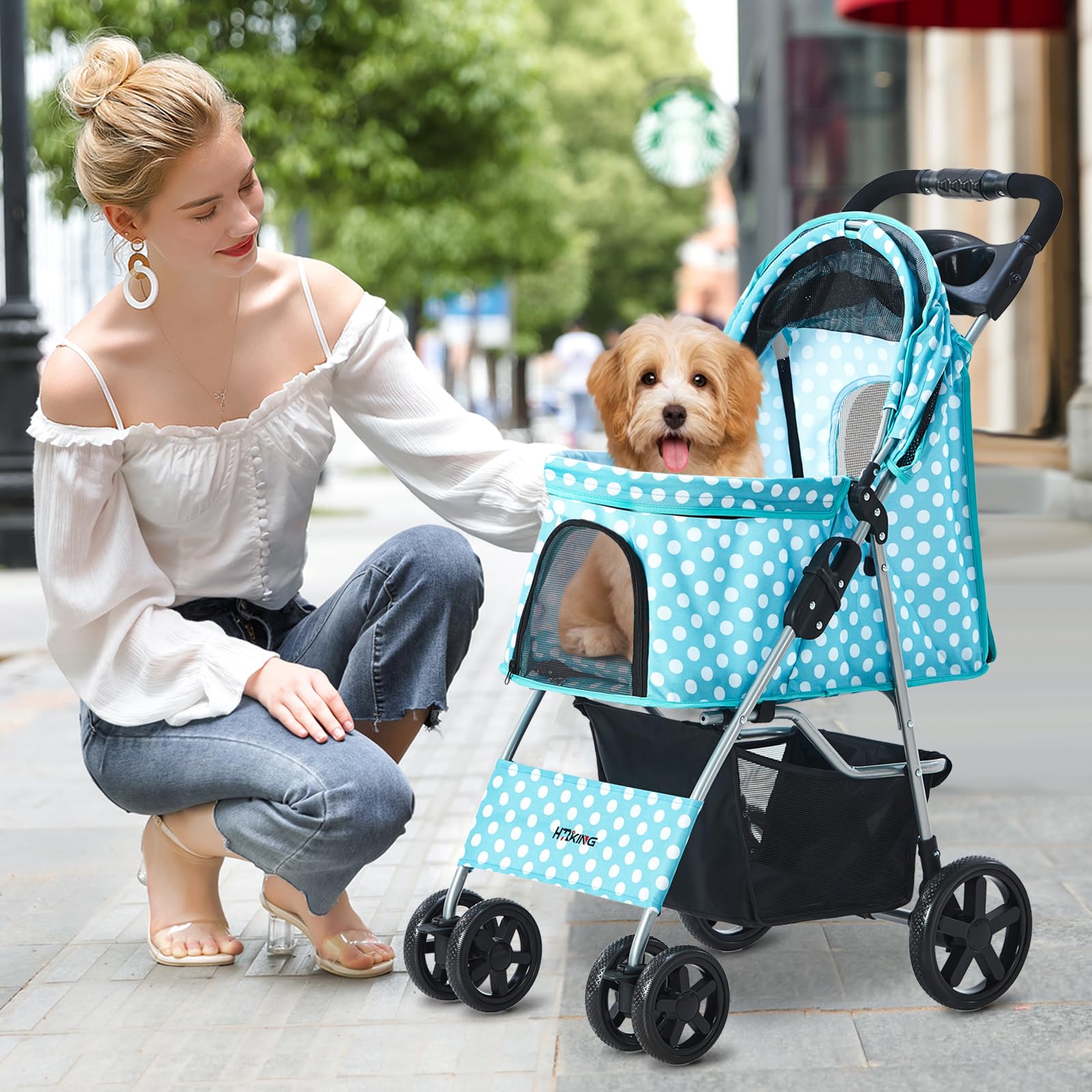 Premium Lightweight Folding Pet Stroller for Small Dogs & Cats - 4-Wheel Portable Dog Cage Jogger with Storage Basket & Cup Holder (Polka Blue) - Perfect for Park Walks, Vet Visits & Outdoor Adventures