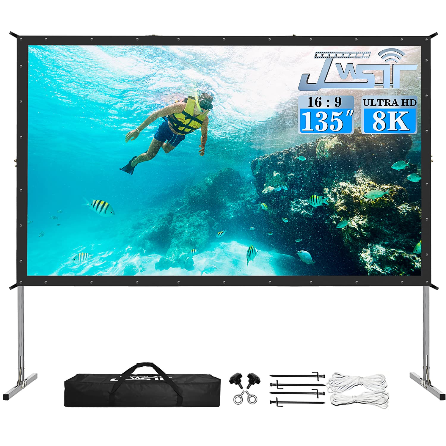 JWSIT 135 Inch Outdoor Projector Screen with Stand - Upgraded 3-Layer PVC 16:9 Portable Movie Screen for Home Theater, Backyard & Camping - Includes Carrying Bag for Easy Transport