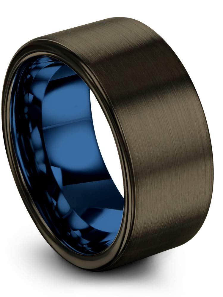 Premium Tungsten Carbide Wedding Band Ring - 10mm Width for Men & Women - Blue Black Gunmetal Finish with Flat Cut Brushed Polish - Custom Engraved Anniversary & Engagement Ring - Perfect for Weddings, Proposals & Special Occasions