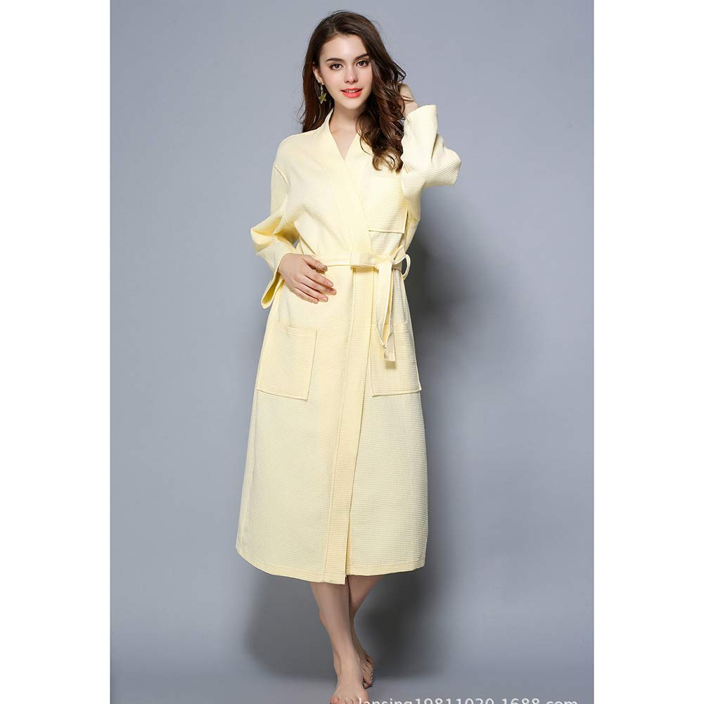 Unisex Cotton Waffle Bathrobe for Couples - Long Kimono Robe with Solid Color for Hotel, Spa & Sauna - Soft Loungewear & Home Relaxation - Yellow XL