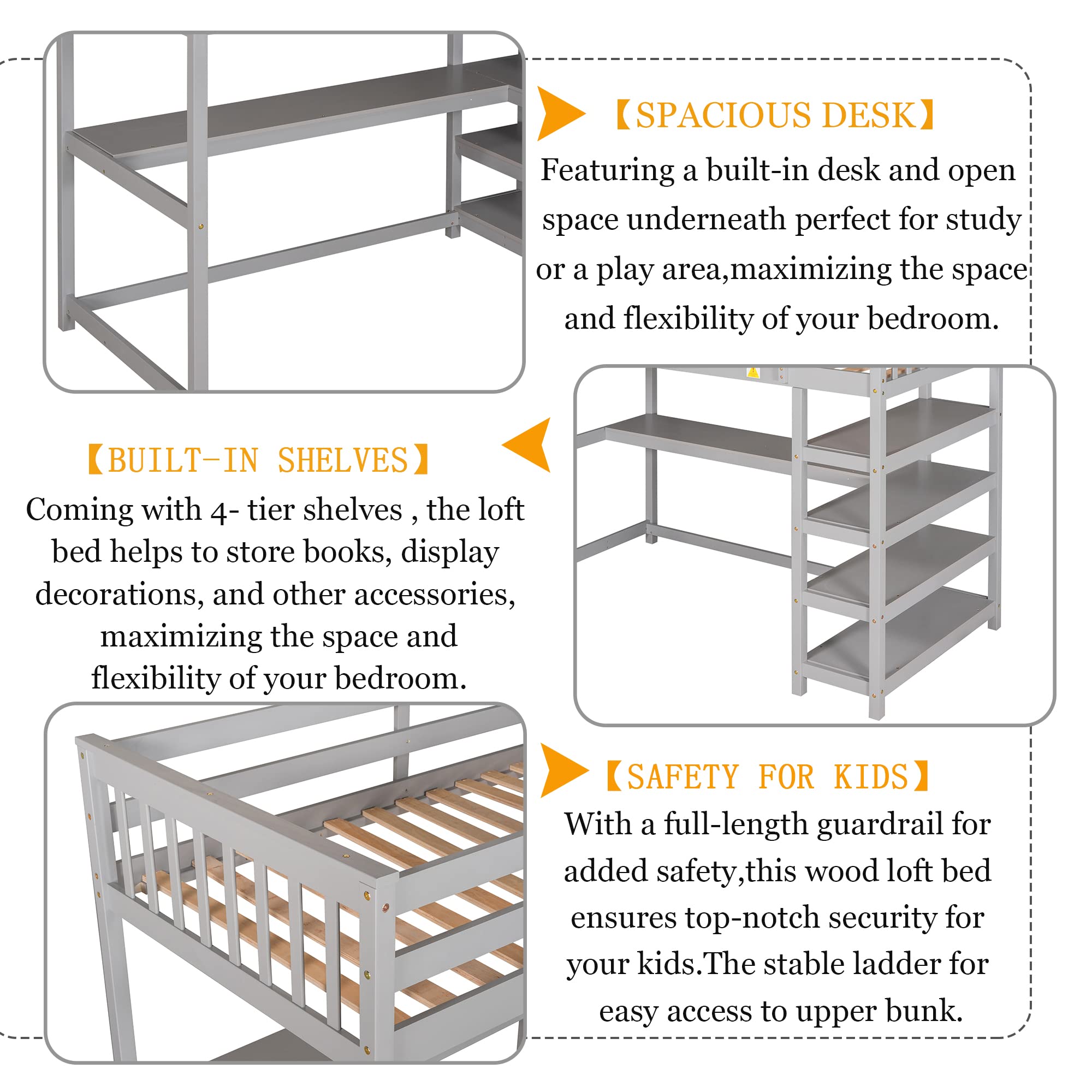 Harper & Bright Designs Twin Size Loft Bed with Desk & Storage Shelves - Space-Saving Wooden Loft Bed for Kids & Teens, No Box Spring Needed, Grey - Perfect for Small Bedrooms, Dorm Rooms & Studio Apartments