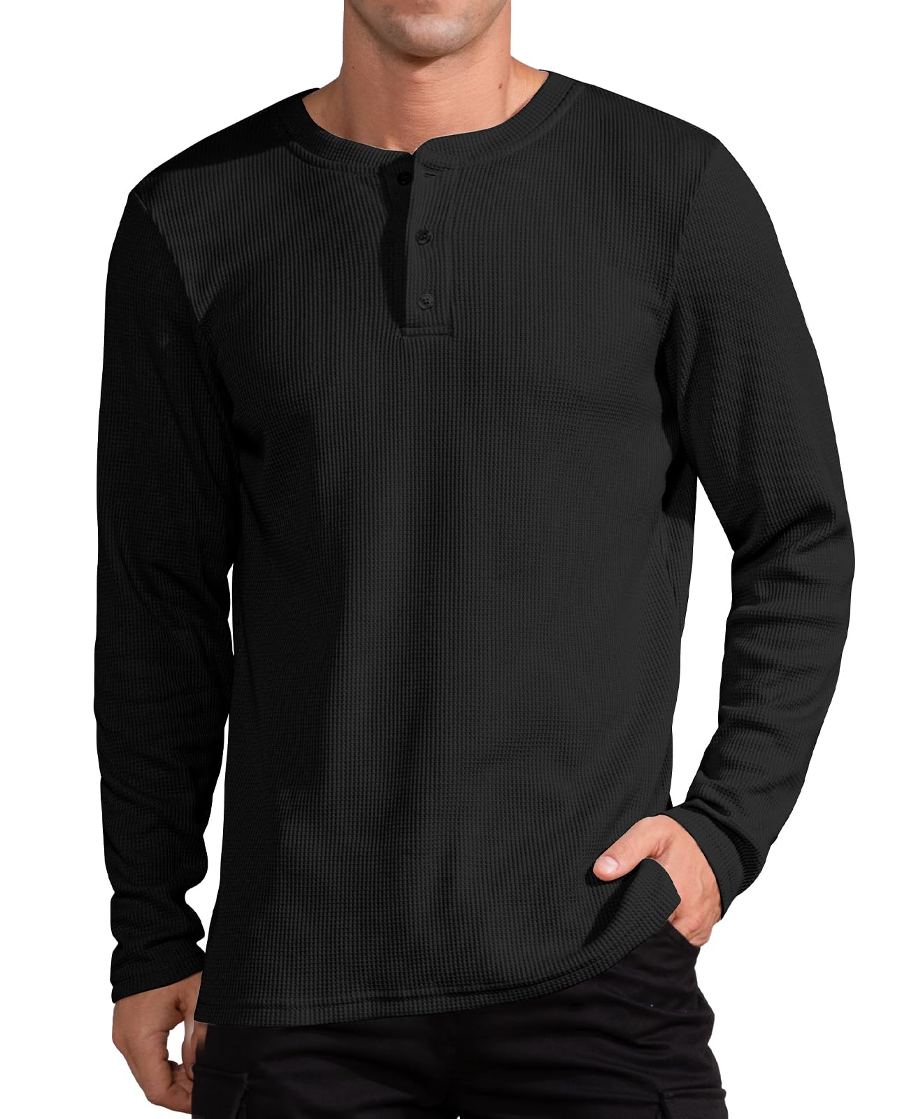 QUALFORT Men's Waffle Long Sleeve Henley Shirt - Soft Thermal Knit Top for Winter, Fall & Layering - Casual Button Up Shirt for Outdoor Activities, Work & Everyday Wear
