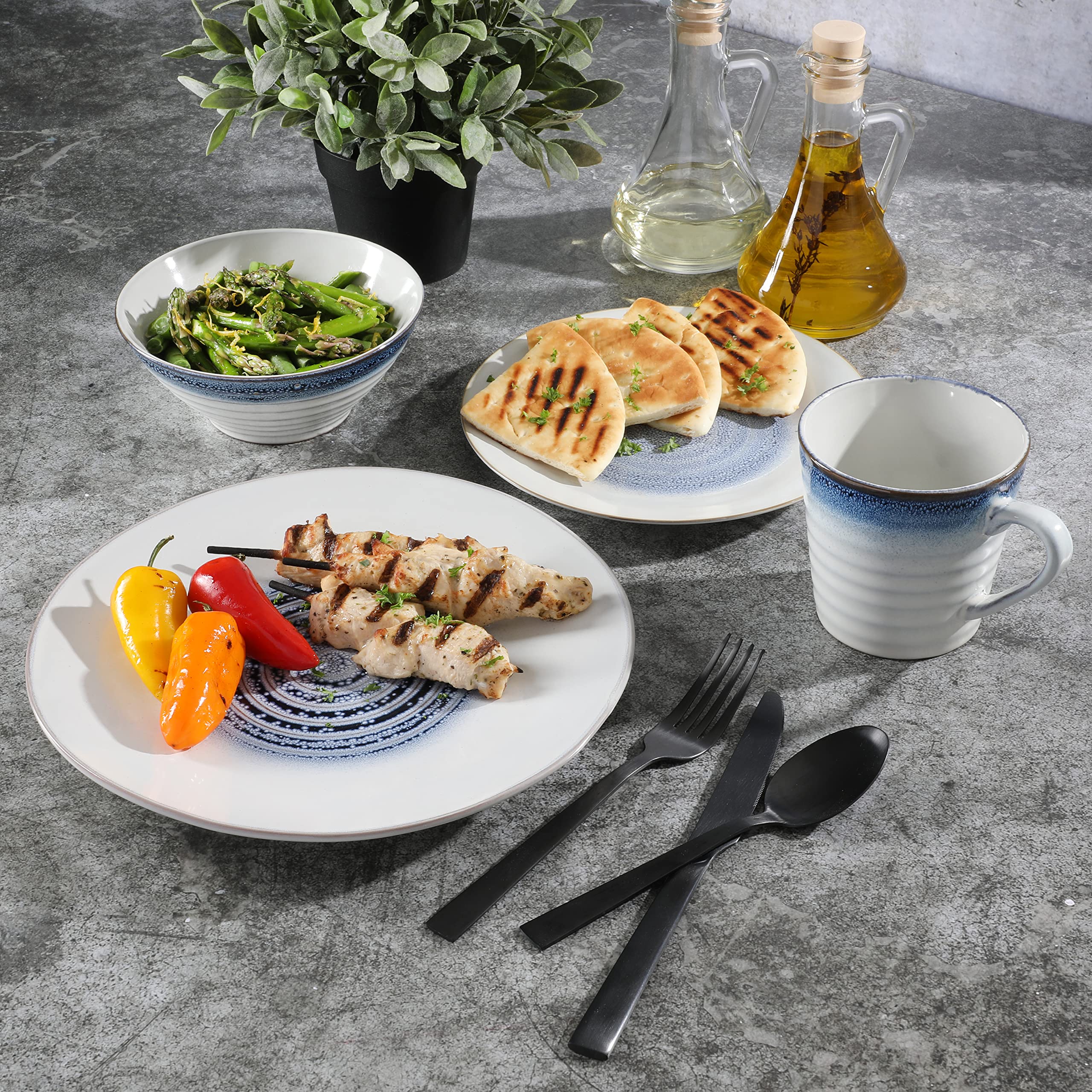 Premium Gibson Elite Spiral Reactive Embossed Dinnerware Set - 16-Piece Blue Porcelain Dinner Plates & Bowls, Service for 4 - Elegant Formal Dining, Holiday Entertaining & Everyday Family Meals