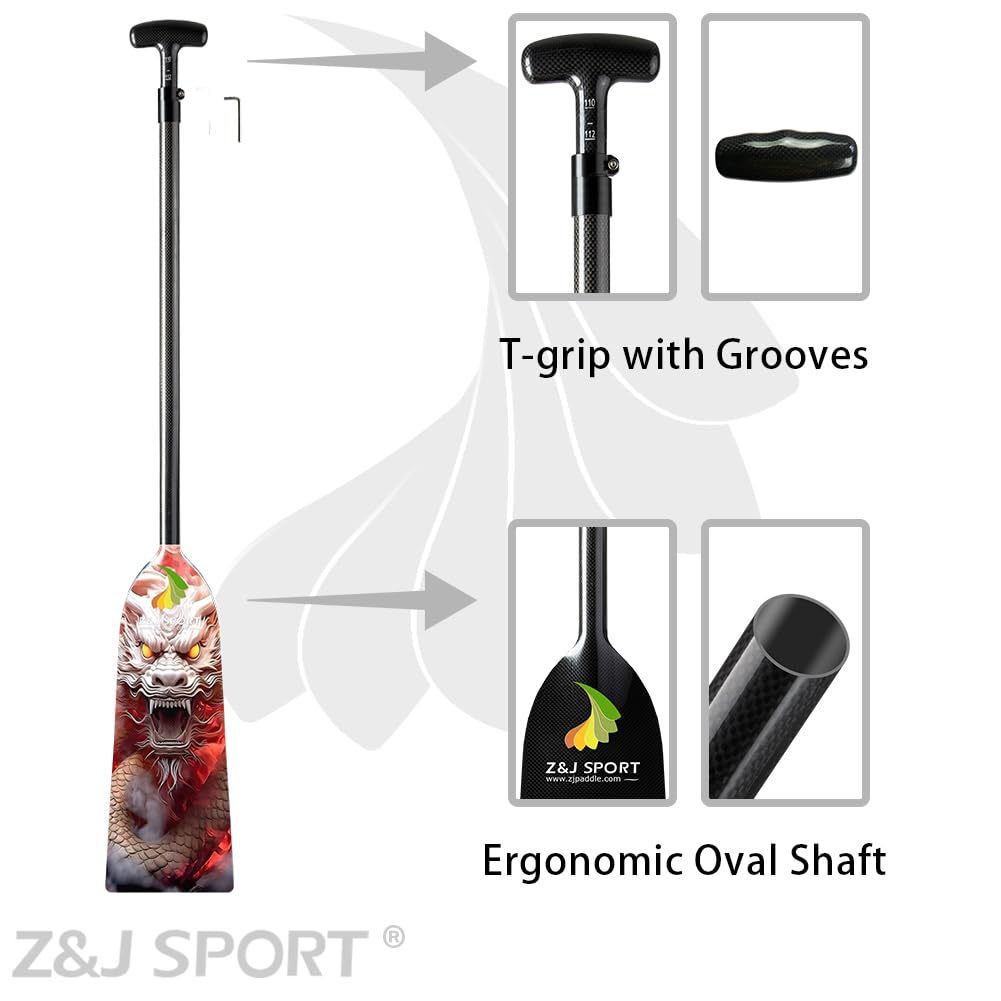 Z&J SPORT IDBF Approved Carbon Fiber Adjustable Dragon Boat Paddle with Dragon Graphic & T-Handle - Professional Racing Equipment for Dragon Boat Competitions & Team Training
