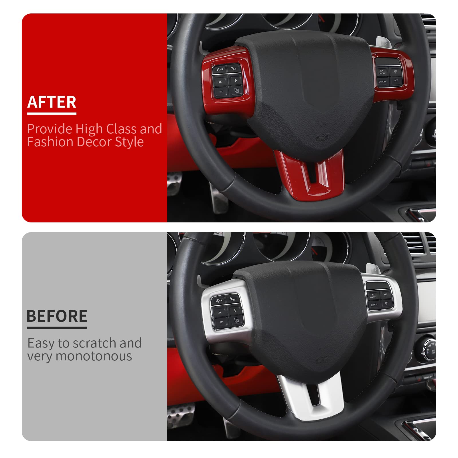 Premium Steering Wheel Trim Cover for Dodge Challenger/Charger/Durango/Dart (2009-2014) & Journey (2013-2022) - 3-Piece Red Interior Accessories - Perfect for Car Customization & Protection