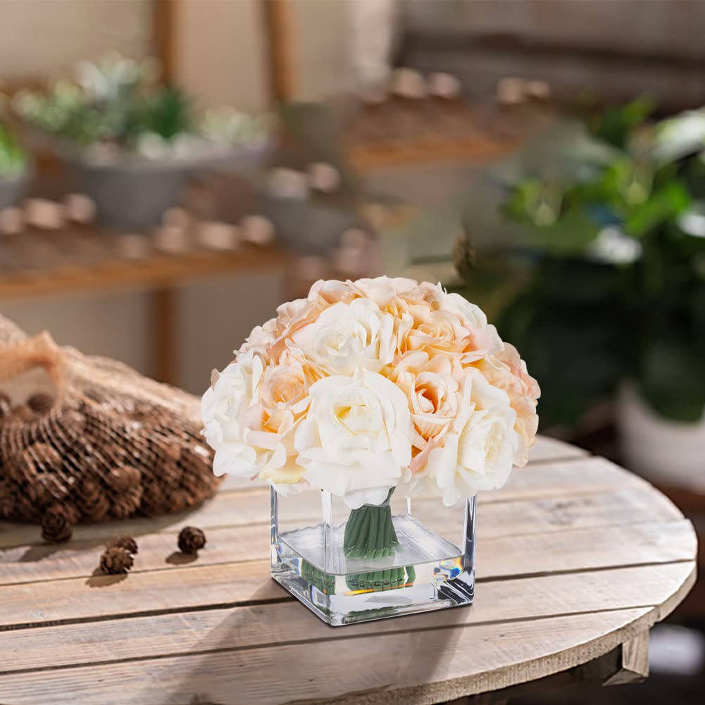 ENOVA FLORAL 18-Piece Artificial Rose Flowers in Vase with Faux Water - Cream Beige Fake Flowers for Wedding Centerpieces, Dining Table Decor, Home & Office Decoration