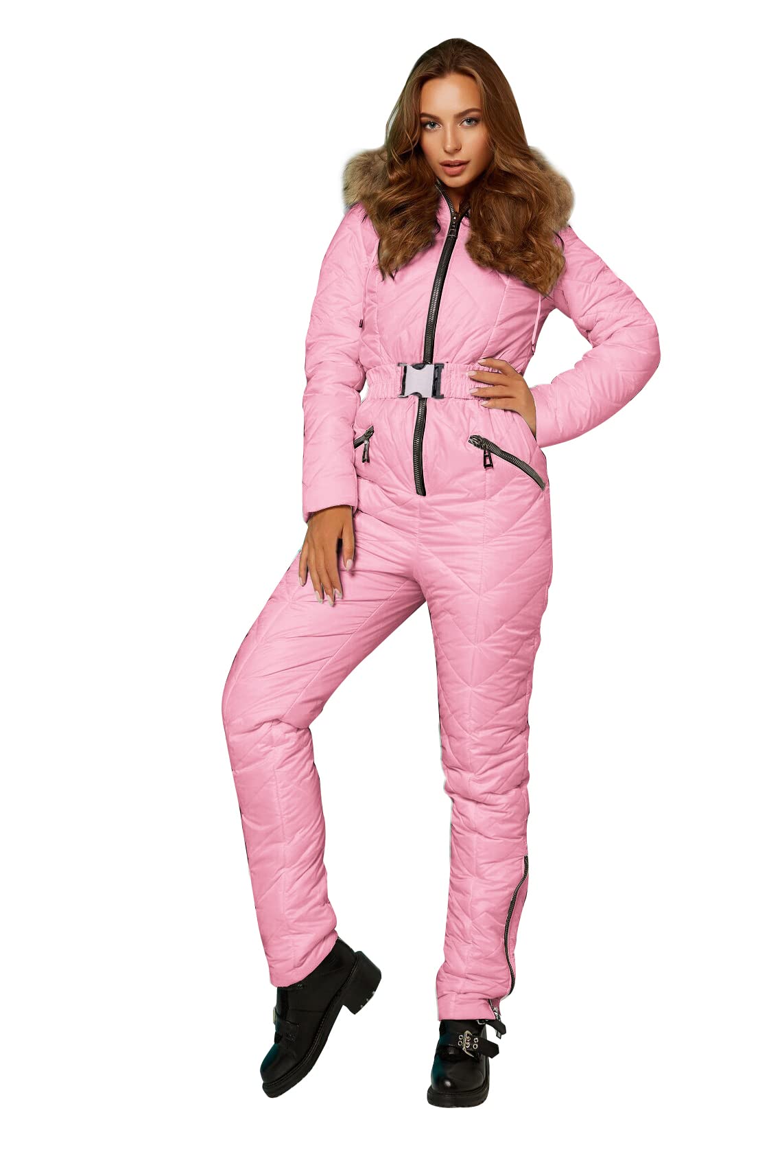 Yousify Women's Winter Ski Suit - One Piece Hooded Snowsuit with Fur Collar for Skiing, Snowboarding & Outdoor Sports | Waterproof & Warm Winter Coat for Cold Weather Adventures