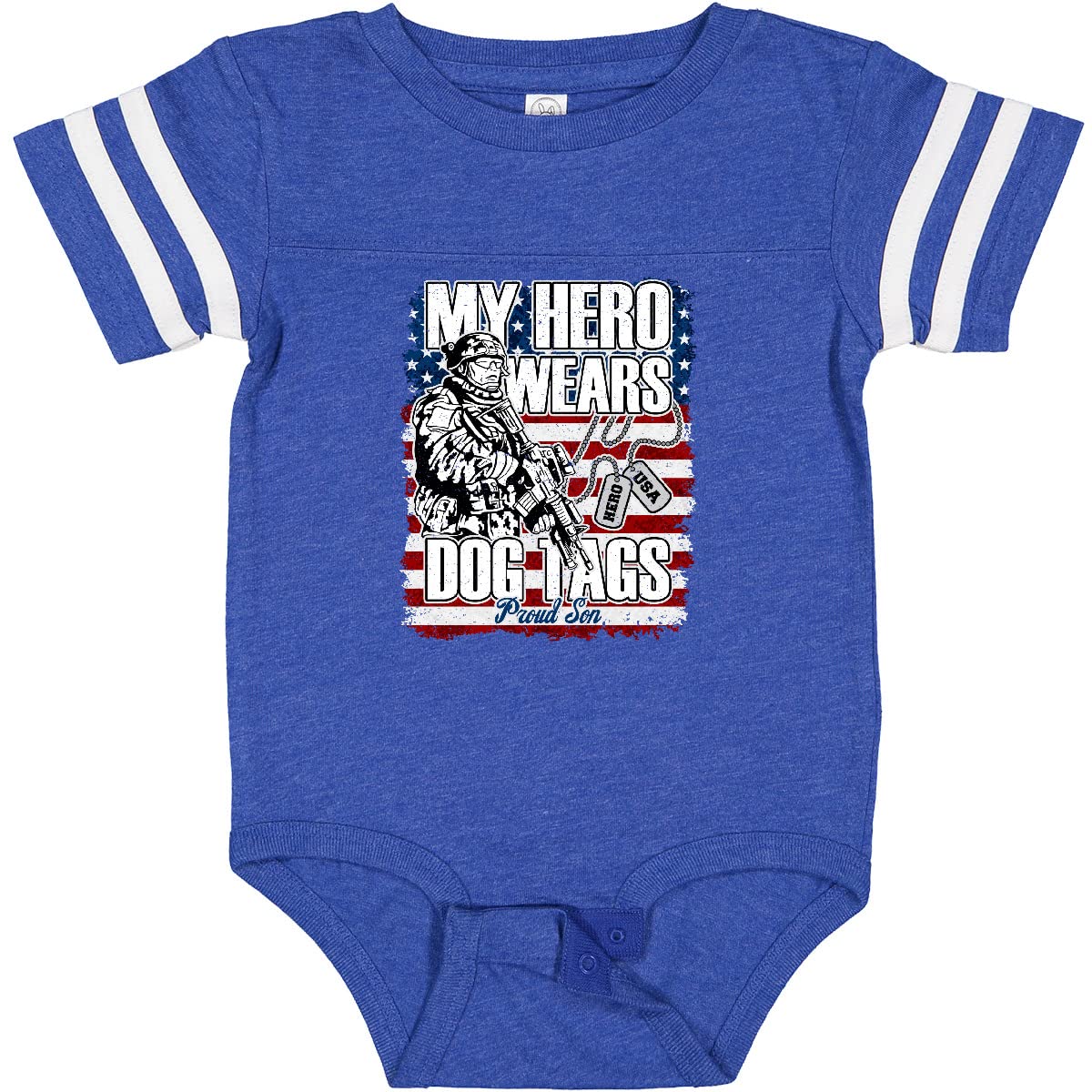 Inktastic Proud Son Hero Wears Dog Tags Military Dad Baby Bodysuit - Comfortable Cotton Onesie for Patriotic Families, Military Apparel & Special Occasion Gifts