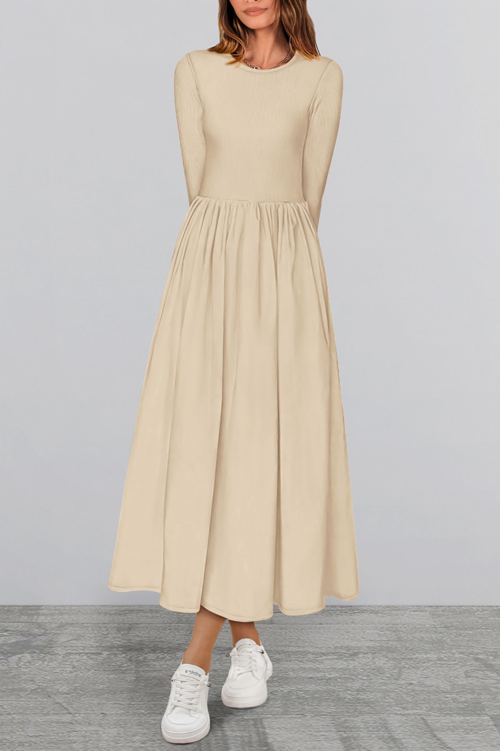 KIRUNDO Women's Elegant Boho Flowy Midi Dress with Pockets - Long Sleeve Casual Wedding Guest Dress for Spring Summer Fall 2025 | Perfect for Garden Parties, Bridal Showers & Date Nights