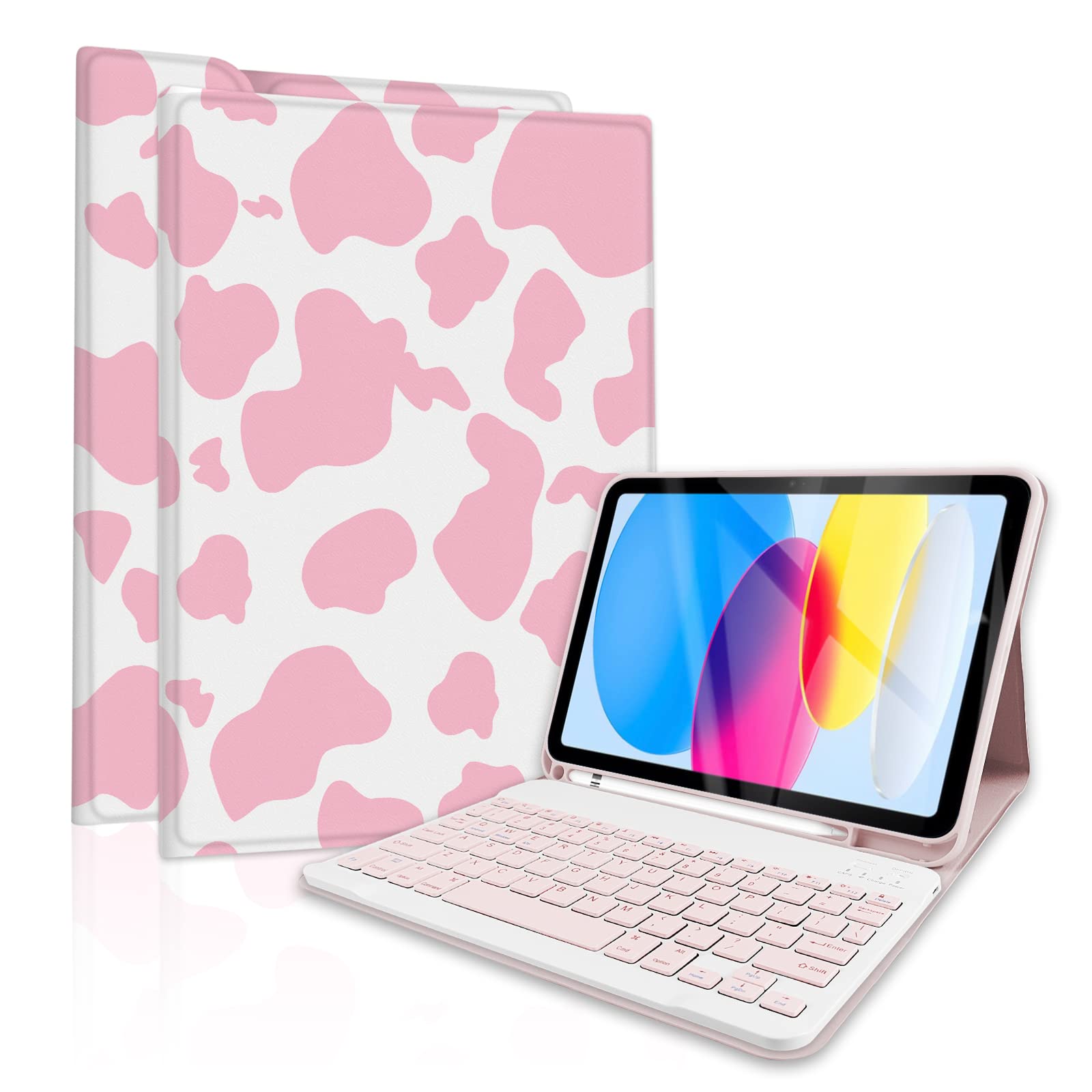 Premium Magnetic Detachable Keyboard Case for iPad 11th Gen (A16) 11-inch 2025 & iPad 10th Gen 10.9-inch 2022 - Rechargeable Backlit, Pencil Holder, Slim Protective Cover (Pink Cow) - Perfect for Work, Study & Travel