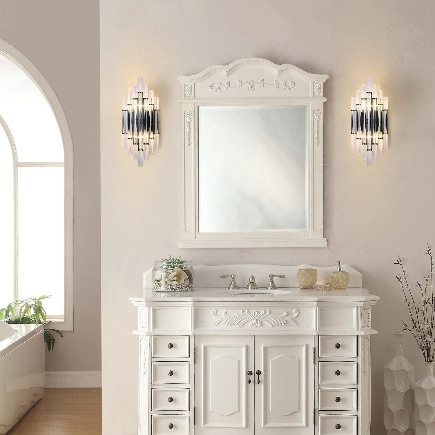 Modern Crystal Wall Sconce Lighting - Mid-Century Elegant Metal Wall Mount Light Fixture with Clear Crystal Mirror - Perfect for Bedroom, Living Room & Dining Room Décor (Black) | Energy Efficient LED Wall Light for Home & Office Interior Design