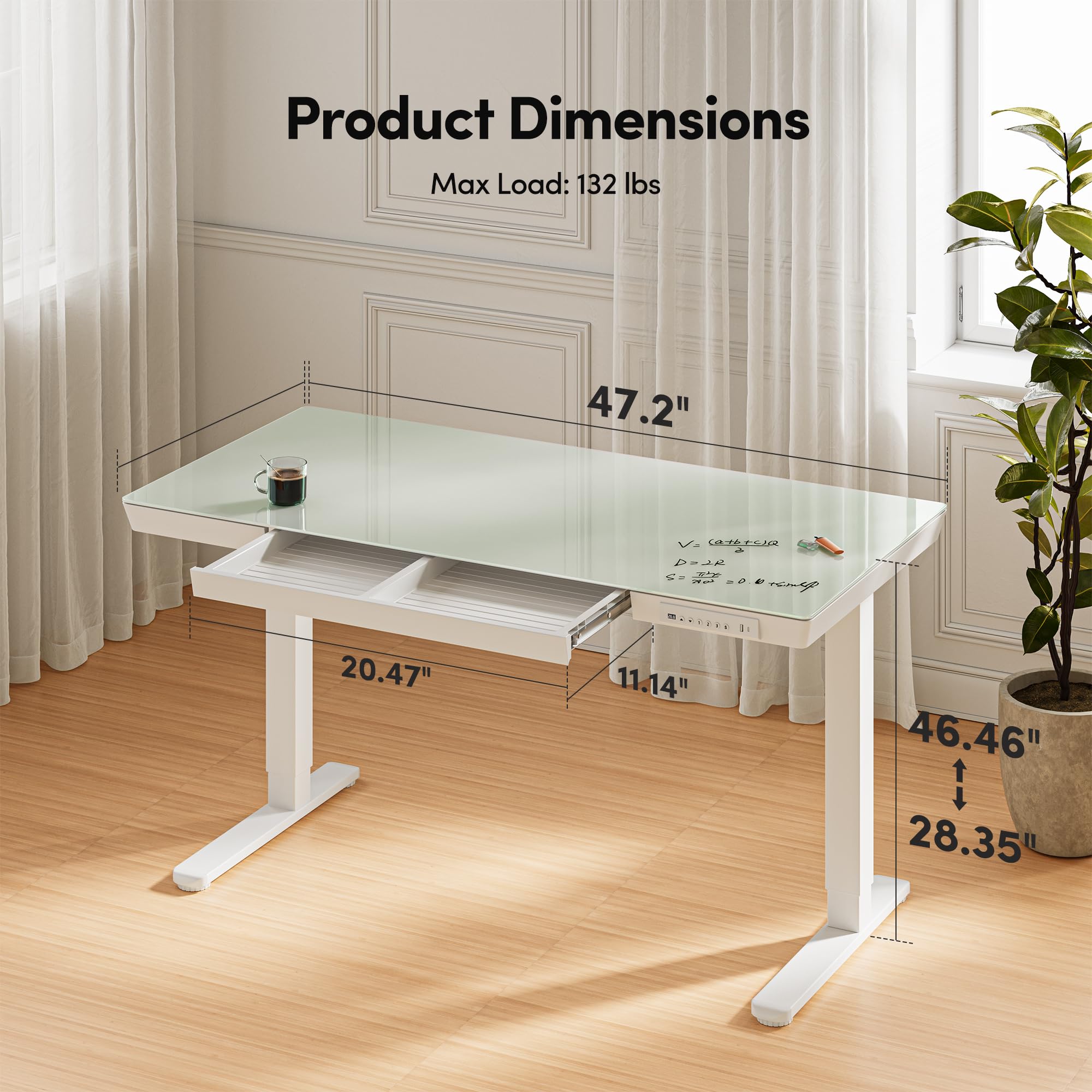 FEZIBO 48×24 Inch Electric Standing Desk with Drawers - Adjustable Height Glass Top Sit Stand Workstation, Quick Assembly Home Office Desk (White) | Perfect for Remote Work, Gaming Setup & Study Spaces
