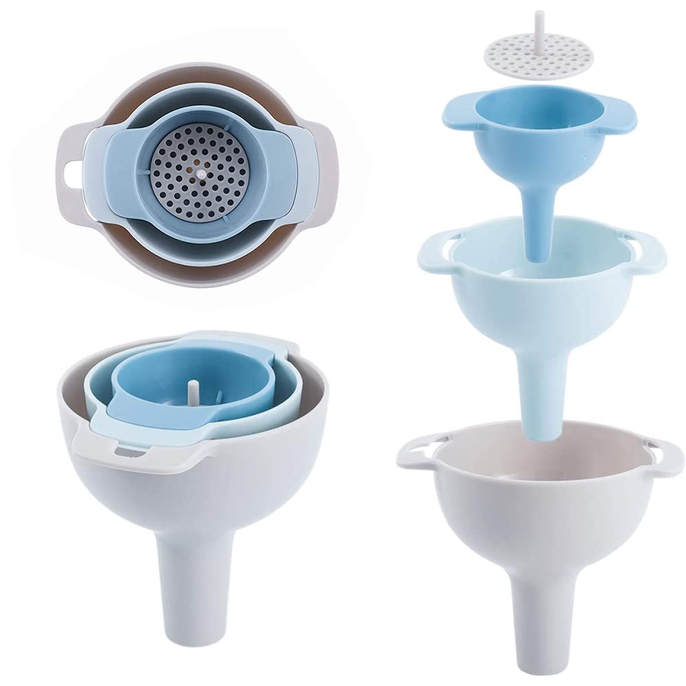 NZKNP 4-in-1 Kitchen Funnel Set - BPA-Free Plastic, 3 Sizes with Detachable Strainer, Easy to Clean & Store for Cooking, Baking, and Liquid Transfer