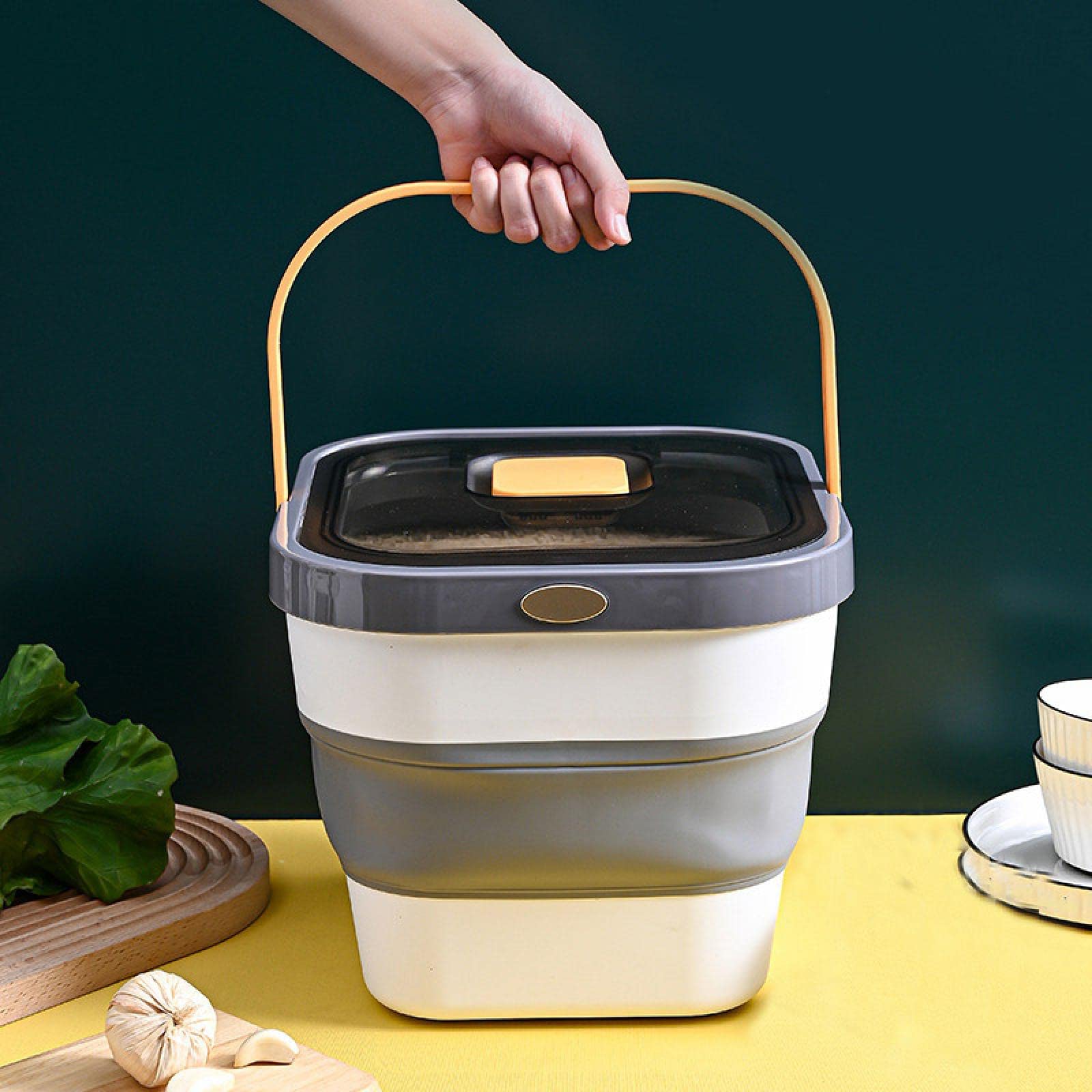 10KG Airtight Dog Food Storage Container with Sealing Ring - Moisture Proof Pet Food Bin for Dry Kibble, Cereal & Rice - Foldable Kitchen Organizer for Pantry (Yellow Grey) - Perfect for Home, RV & Camping Use